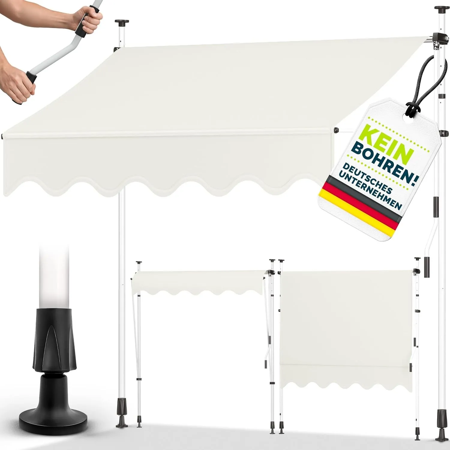 tillvex Klemmmarkise 350cm breit mit Handkurbel | Balkonmarkise ohne Bohren | Markise Balkon UV-beständig, wasserdicht …