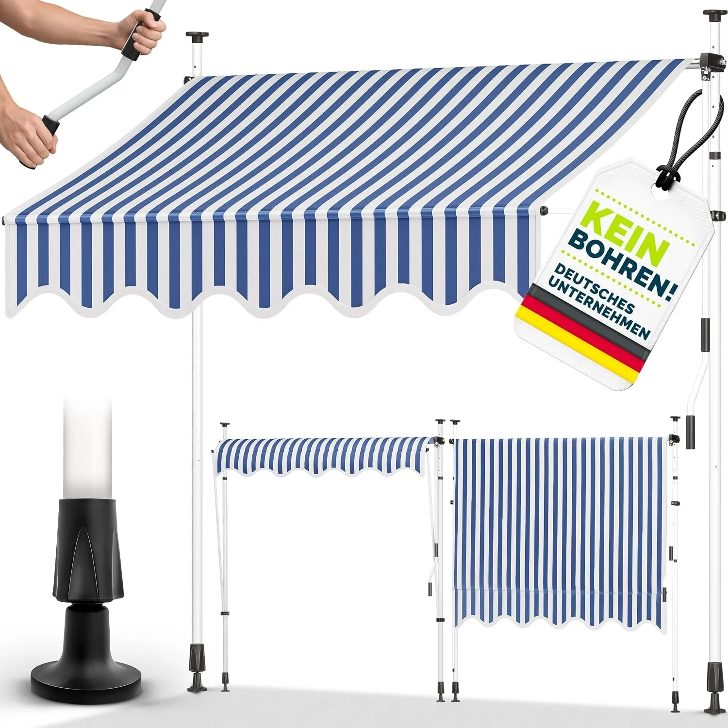 tillvex Klemmmarkise 150cm breit mit Handkurbel | Balkonmarkise ohne Bohren