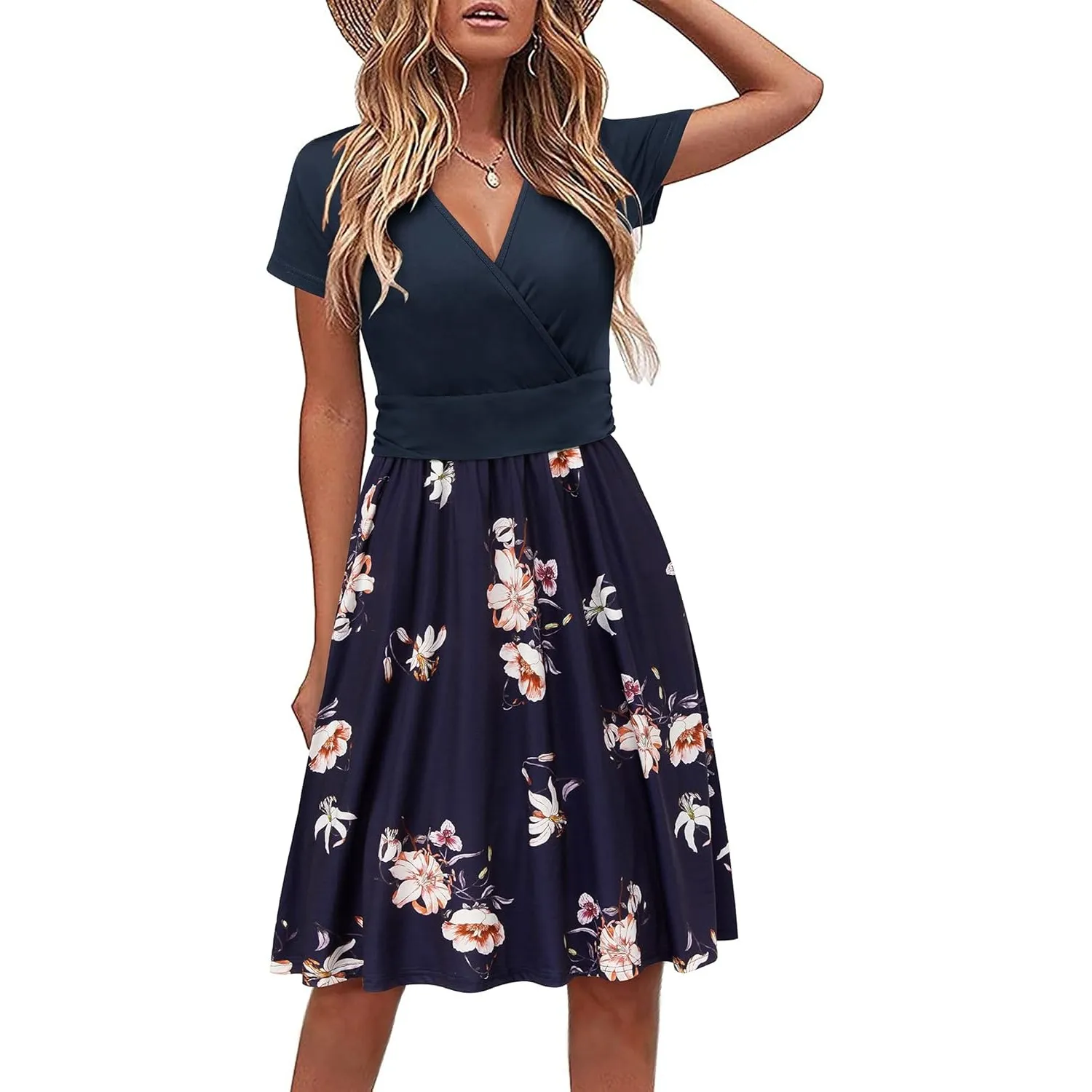 STYLEWORD Damen Sommerkleid Kurzarm V-Ausschnitt Kleider Blumenmuster Kleid Wickelkleid Mit Taschen