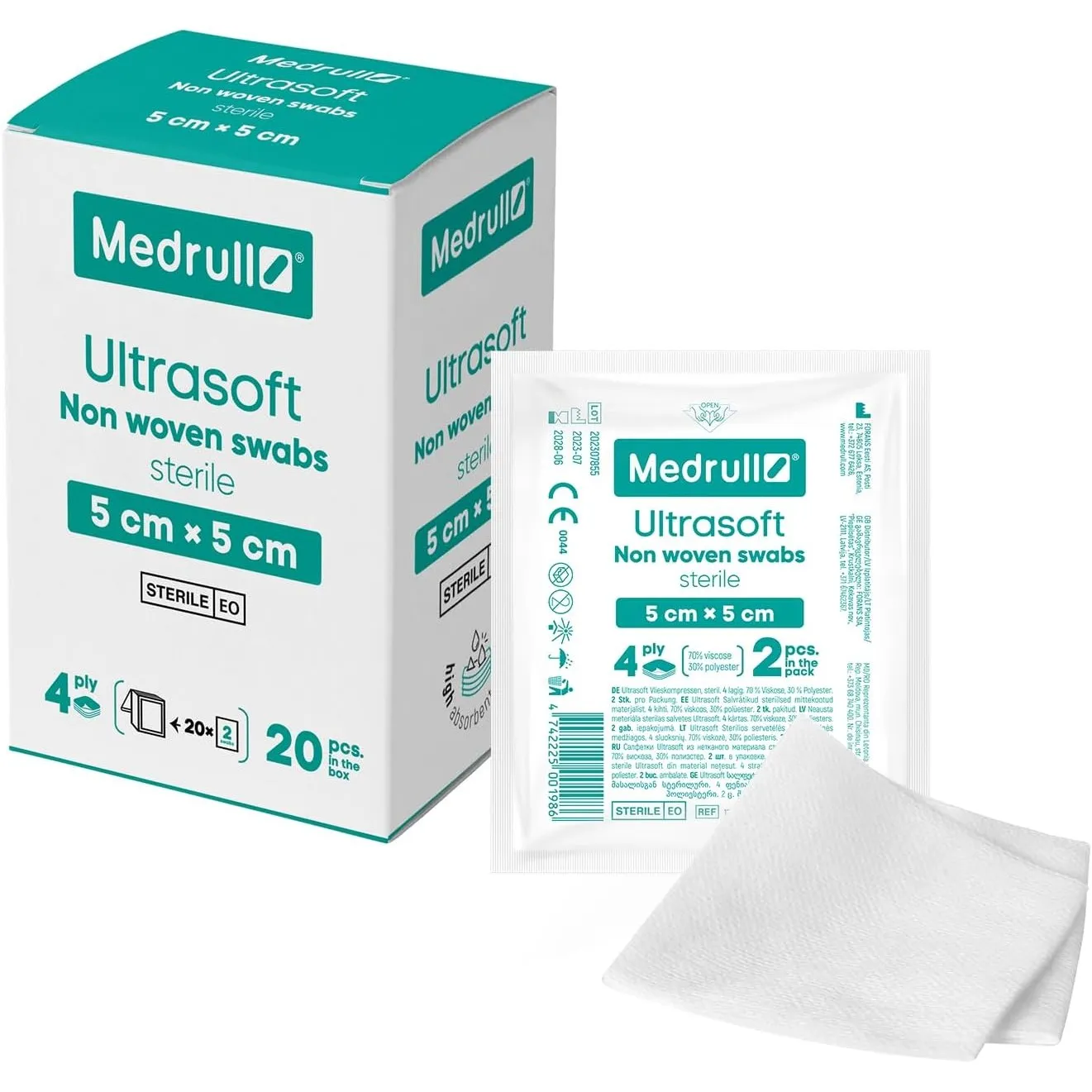 Medrull Kompressen nicht gewebt STERIL ULTRASOFT Wundauflagen 4-lagig 5cm x 5cm Verpackt 2 Stück - 20 Papierbeuteln (40…