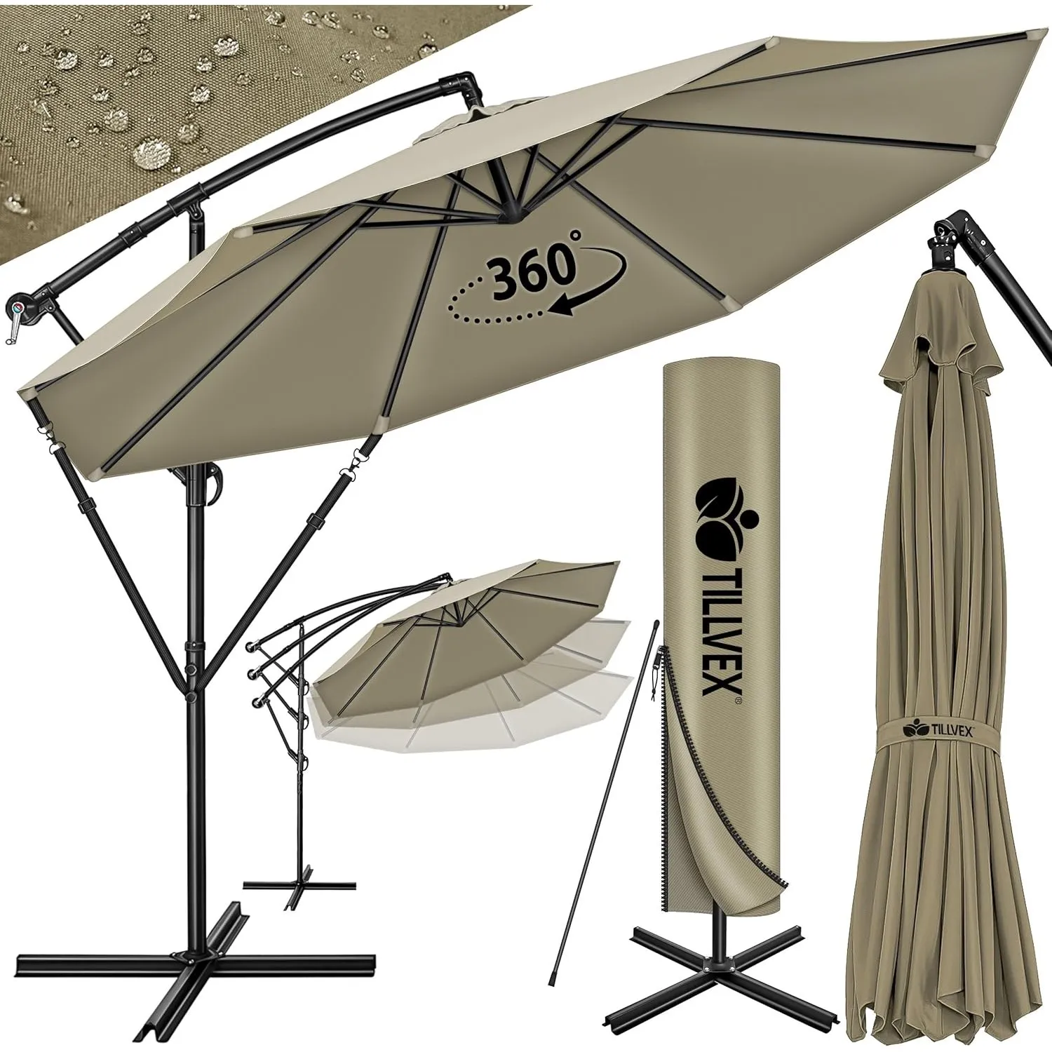 tillvex Alu Sonnenschirm + Abdeckung Ø 300 cm mit Kurbel | Ampelschirm mit Ständer & Windschutz | Gartenschirm UV-Schut…