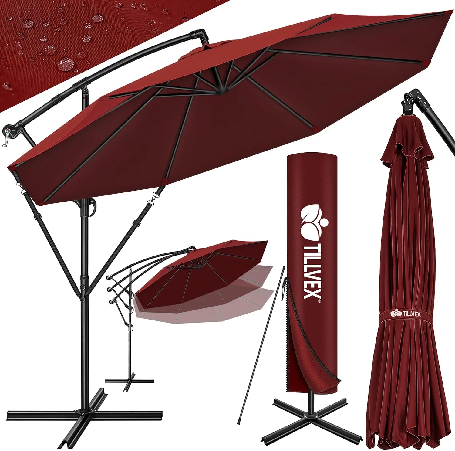tillvex Alu Sonnenschirm + Abdeckung Ø 300 cm mit Kurbel | Ampelschirm mit Ständer & Windschutz | Gartenschirm UV-Schut…
