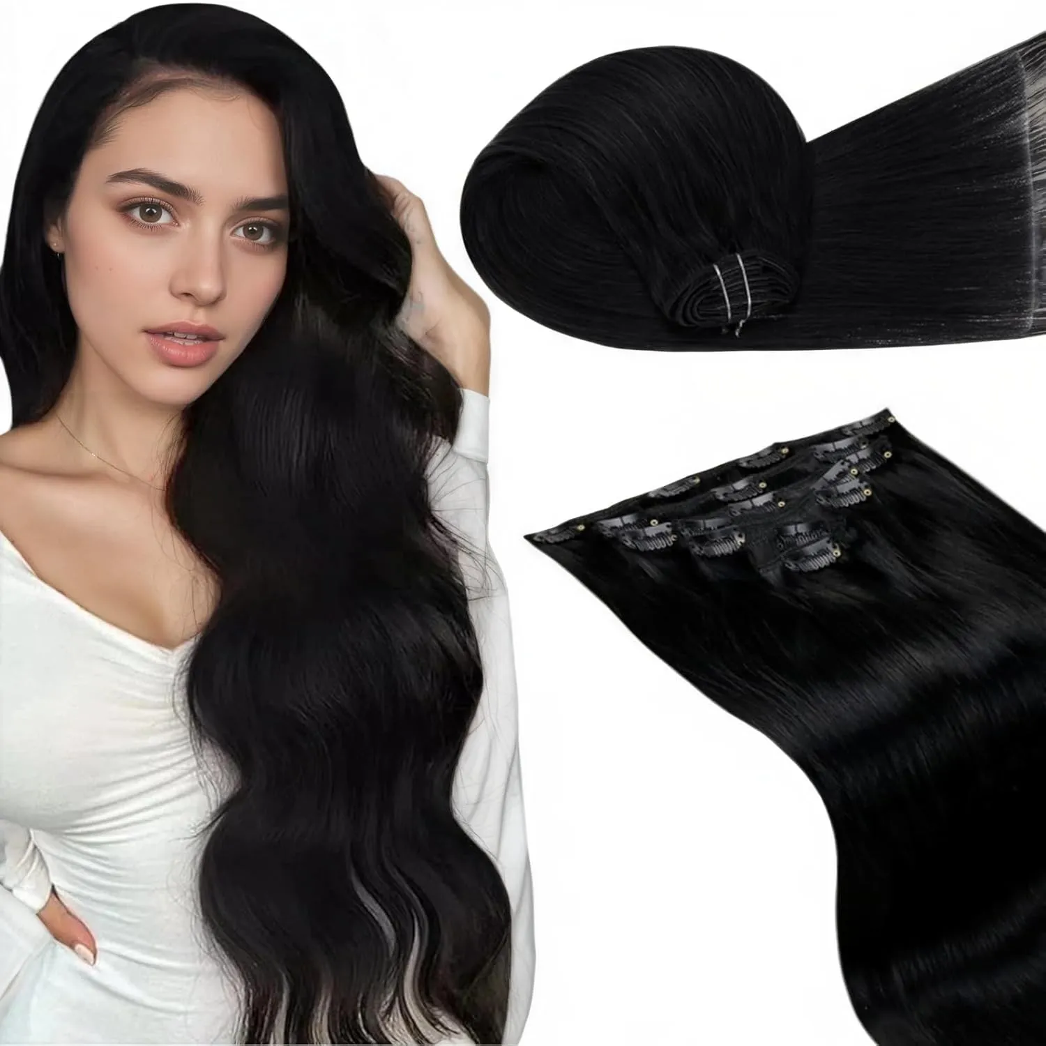LaaVoo Clip in Extensions Echthaar 55cm Schwarz Extensions Echthaar Clips Glatt Remy Haar 7PCS 120g #1