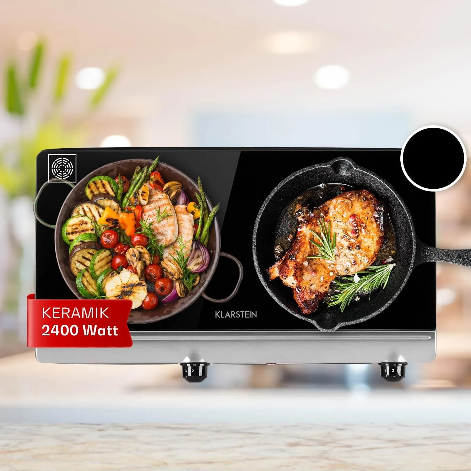 Klarstein Glaskeramik Kochfeld, Einbau-Kochfeld mit 2 Platten, 2400 W Elektro zum Kochen, Modernes Glaskeramikkochfeld,…