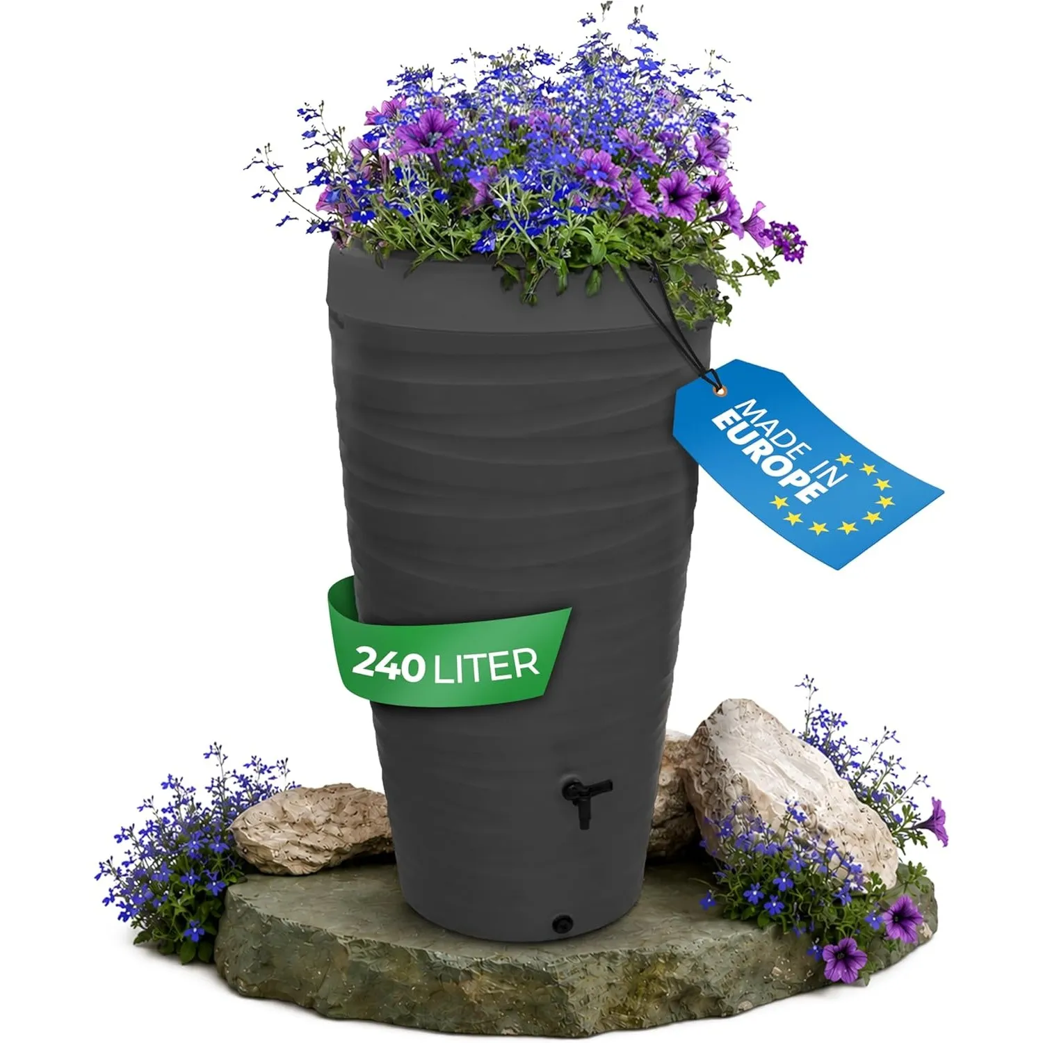 YourCasa Regentonne 240 Liter [Wave Design] Regenfass Frostsicher aus Kunststoff - Regenwassertonne mit Wasserhahn - Re…