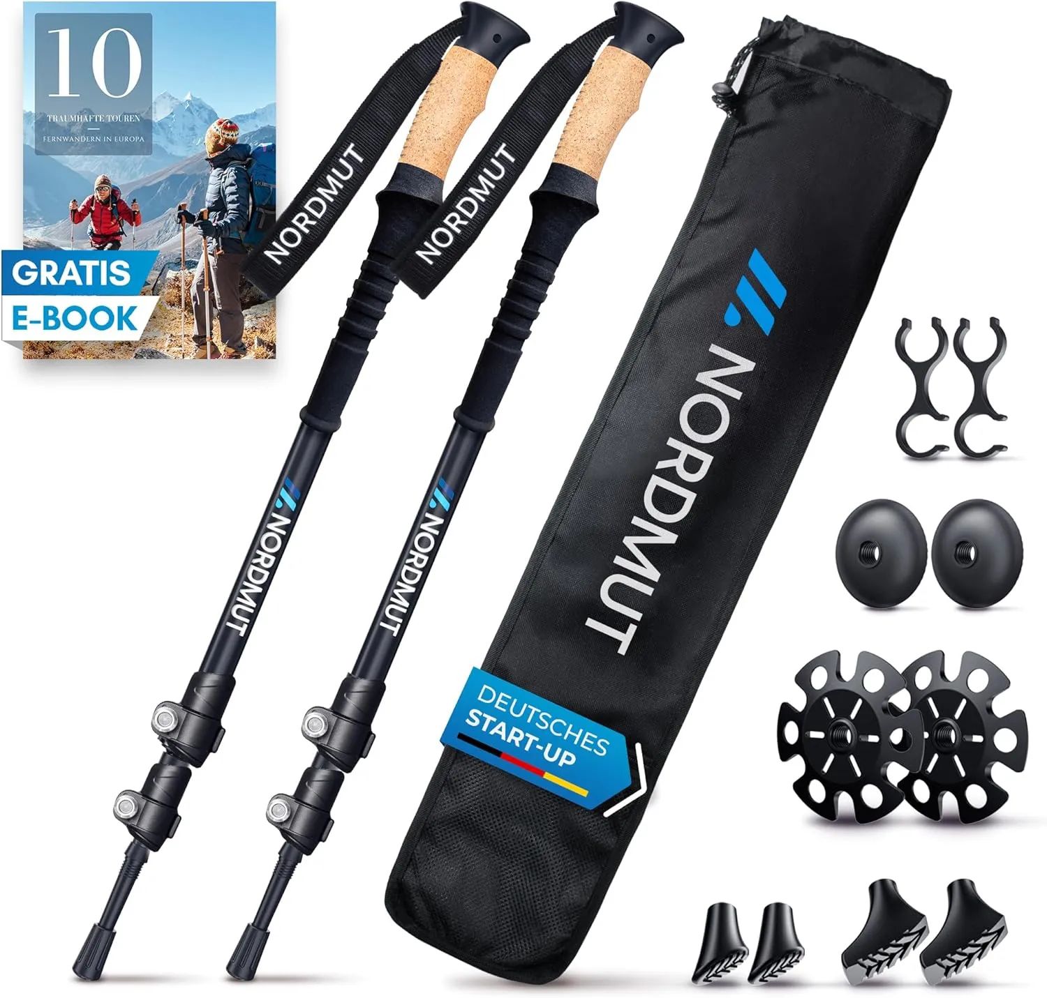 NORDMUT® Wanderstöcke Teleskop Alu | Nordic Walking Stöcke Damen und Herren | Ultraleichte Trekkingstöcke [mit Gummipuf…