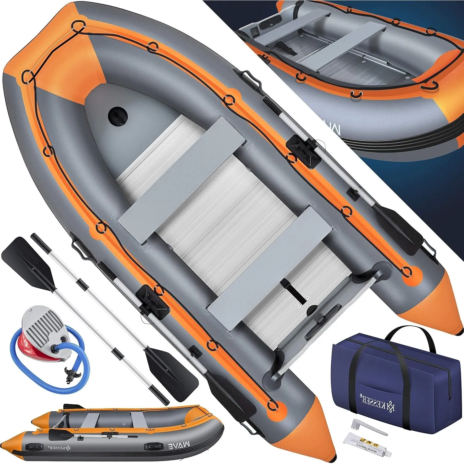 KESSER® Schlauchboot Wave 230-380 cm Set 6-teilig aufblasbar – Boot + Bank, Luftpumpe, Paddel, Reparaturset, Tasche, An…