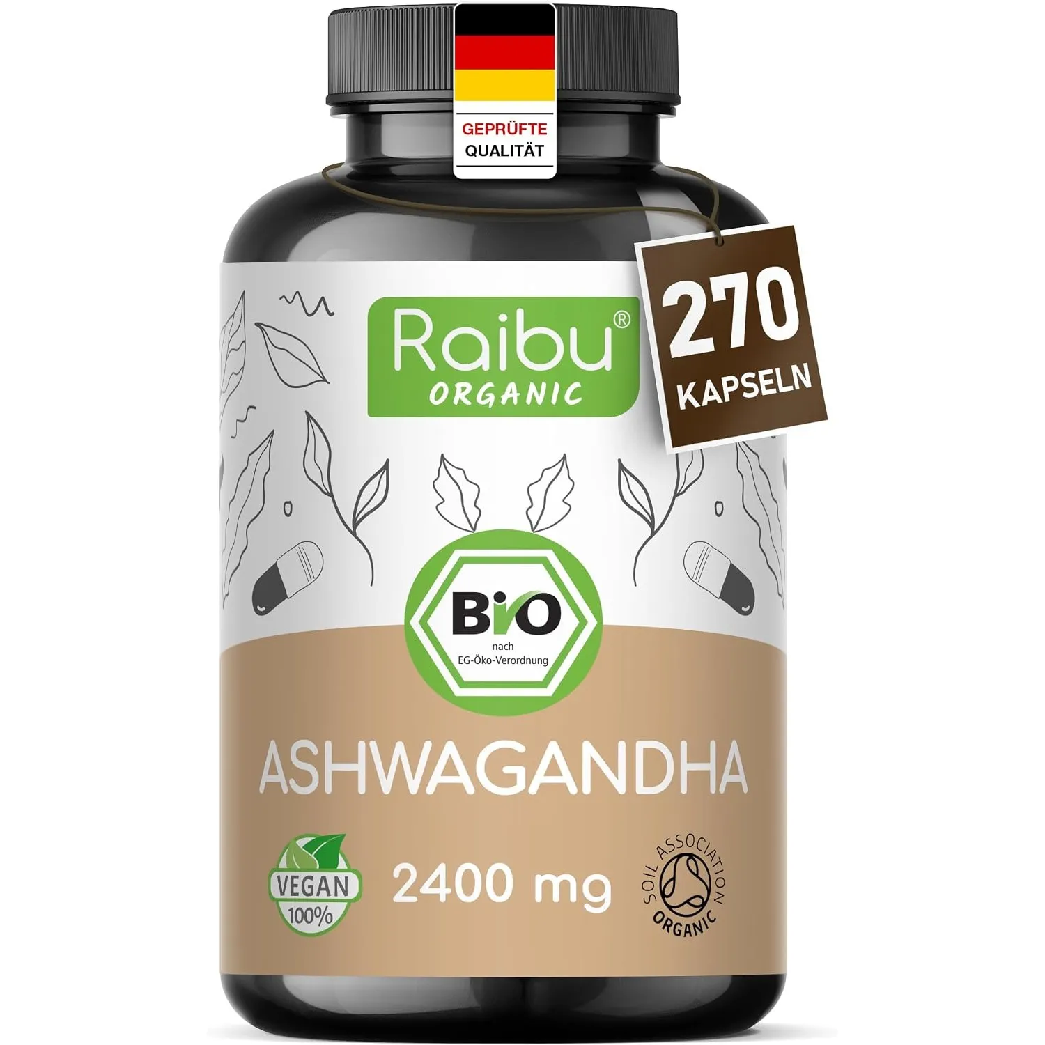 Ashwagandha Kapseln BIO Hochdosiert, 270 Kapseln mit 2400mg pro Tagedosis I Ashwagandha Wurzel Pulver in hoher Bio Qual…