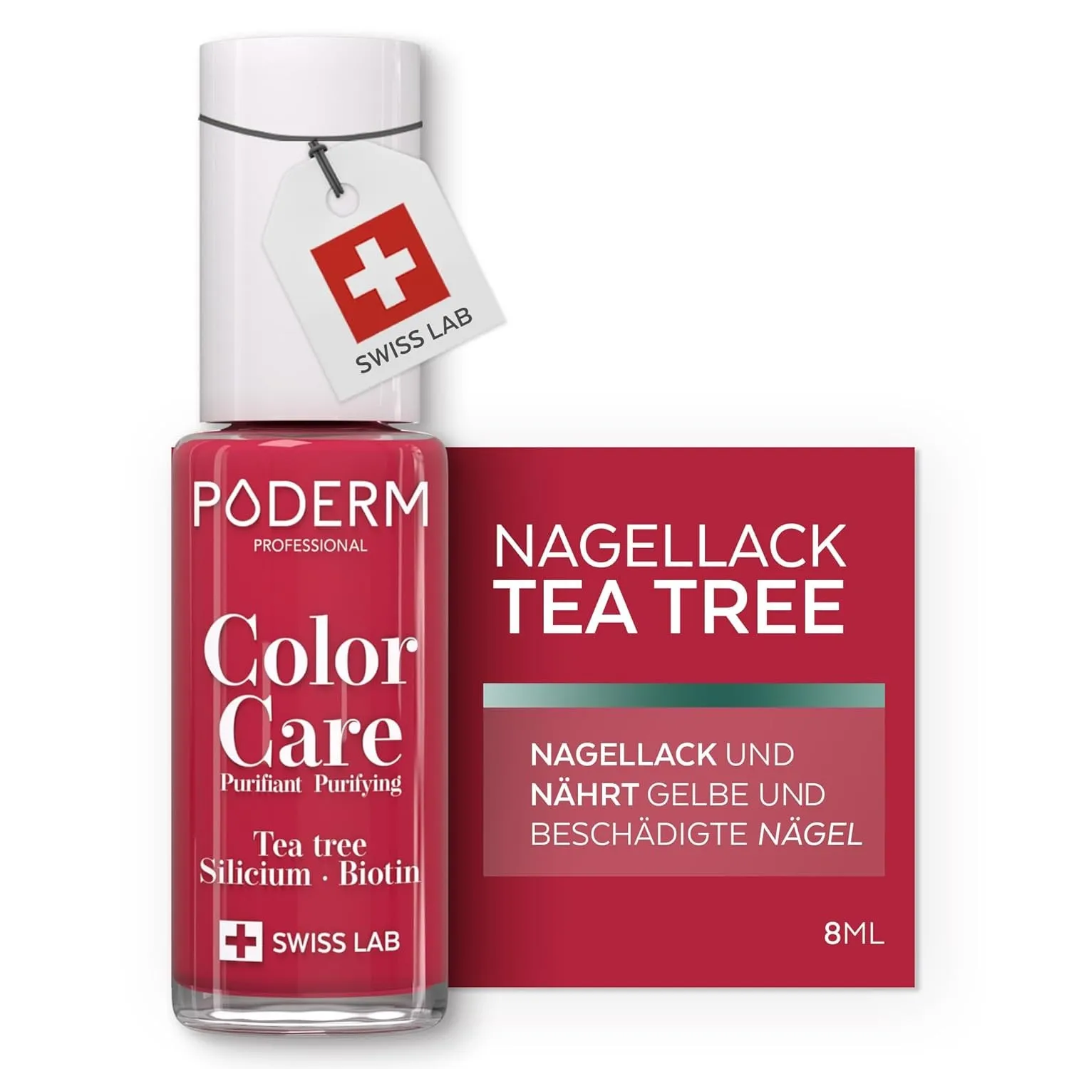 PODERM Pflegelack mit Tea Tree - Rosenrot | Swiss Lab - 8ML | Angereichert mit Tea Tree, Silizium & Biotin | Reinigt, K…