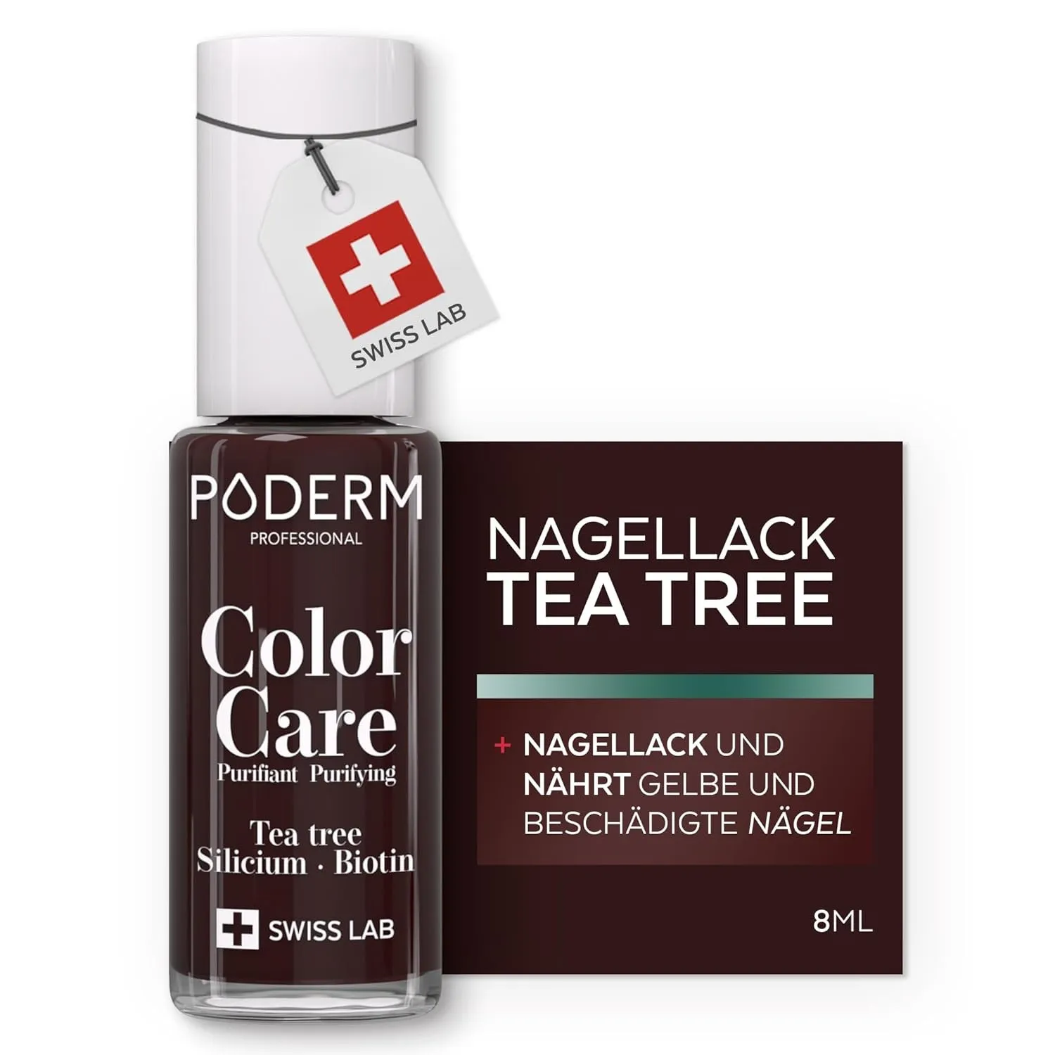 PODERM Pflegelack mit Tea Tree - Dunkelrot | Swiss Lab - 8ML | Angereichert mit Tea Tree, Silizium & Biotin | Reinigt, …