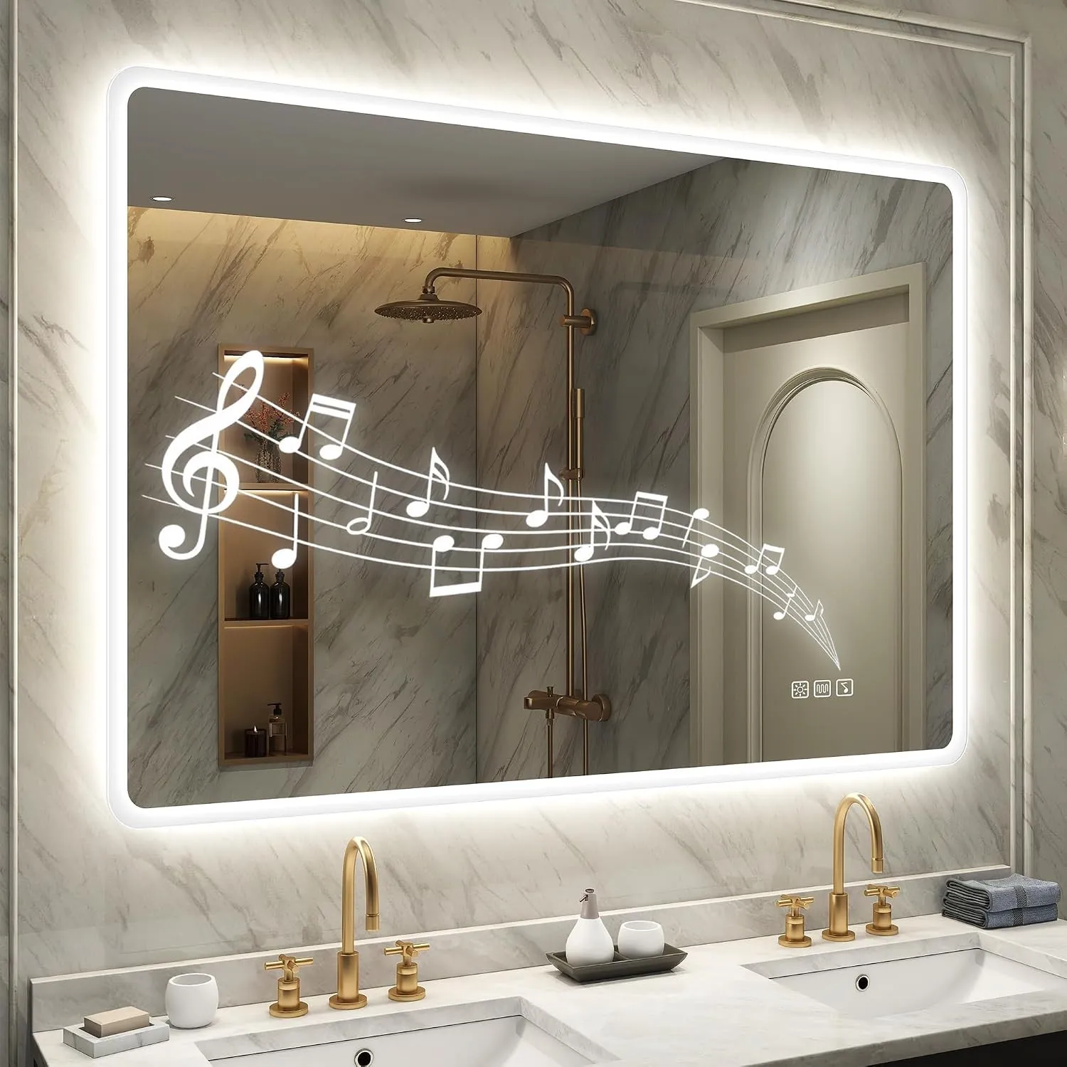 STARLEAD Bluetooth Badspiegel-mit-Beleuchtung 100x70cm, Badezimmerspiegel-mit Entfoggen, Dimmbar, 3 Lichtfarben, Speich…