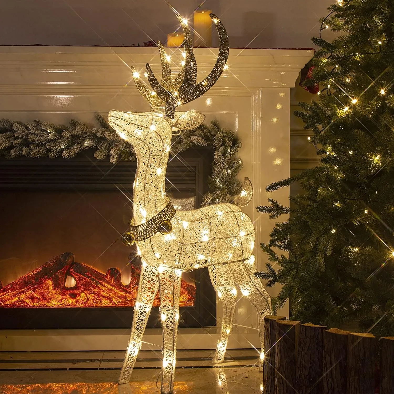 LED Rentier Metall Gold Weiß Eisen Rahmen Beleuchtet Weihnachtshirsch warm weiß Weihnachten Deko für Innen Außen（1.2M）