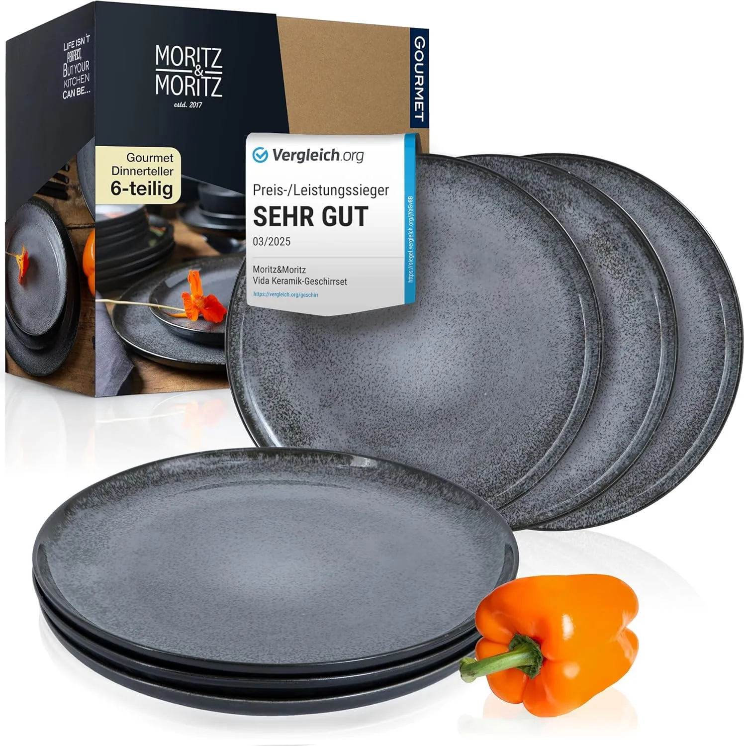 Moritz & Moritz VIDA 6-Piece Dinner Plate Set, Anthracite, Dinner Plates for 6 People, Porcelain, Dishwasher and Microw…