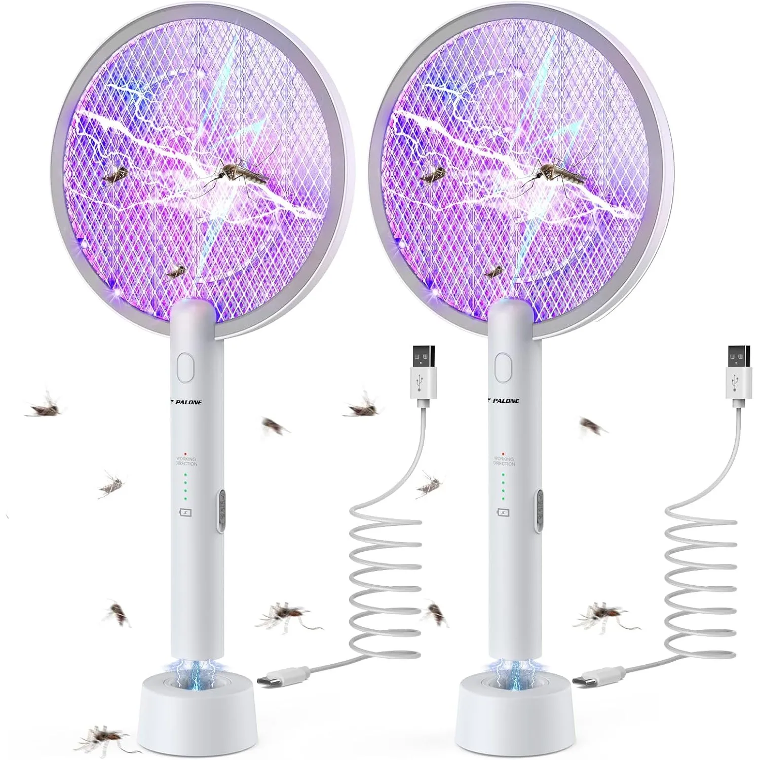 PALONE 2 x Elektrische Fliegenklatsche Insektenvernichter, 4000V Elektro Mückenklatsche und UV Mückenlampe 2 in 1, Trag…