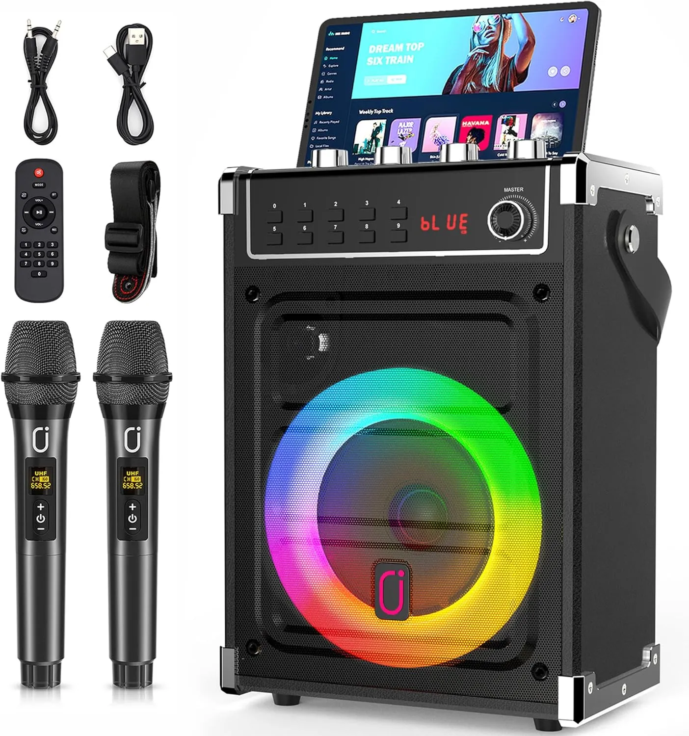 JYX Karaoke Machine with 2 UHF Wireless Microphones, Bluetooth Speaker with Bass/Treble Adjustment and LED Light, PA Sy…
