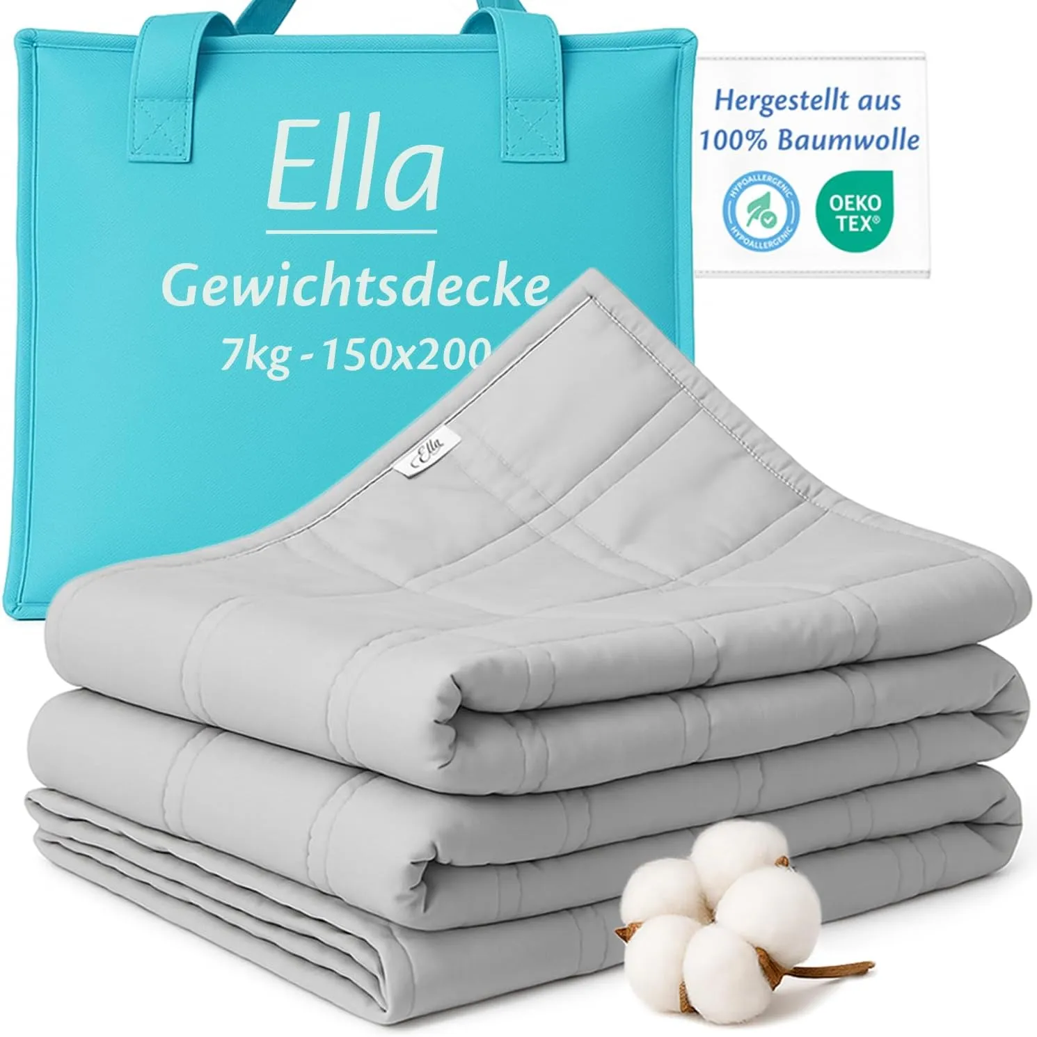 Ella Gewichtsdecke 150x200 7kg - Anti Stress Therapiedecke - Schwere Decke aus 100% Baumwolle - Bettdecke für tiefen Sc…