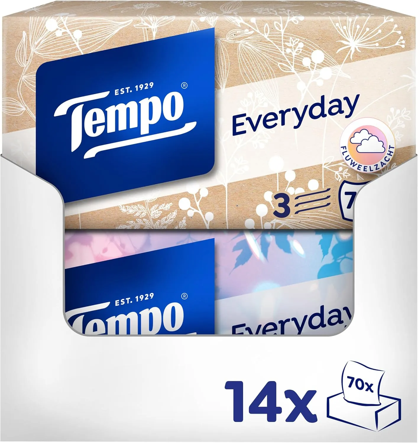 Tempo Light Box Taschentücher - Megapack - 14 Boxen, 70 Tücher pro Box - weiche Papiertaschentücher, waschmaschinenfest