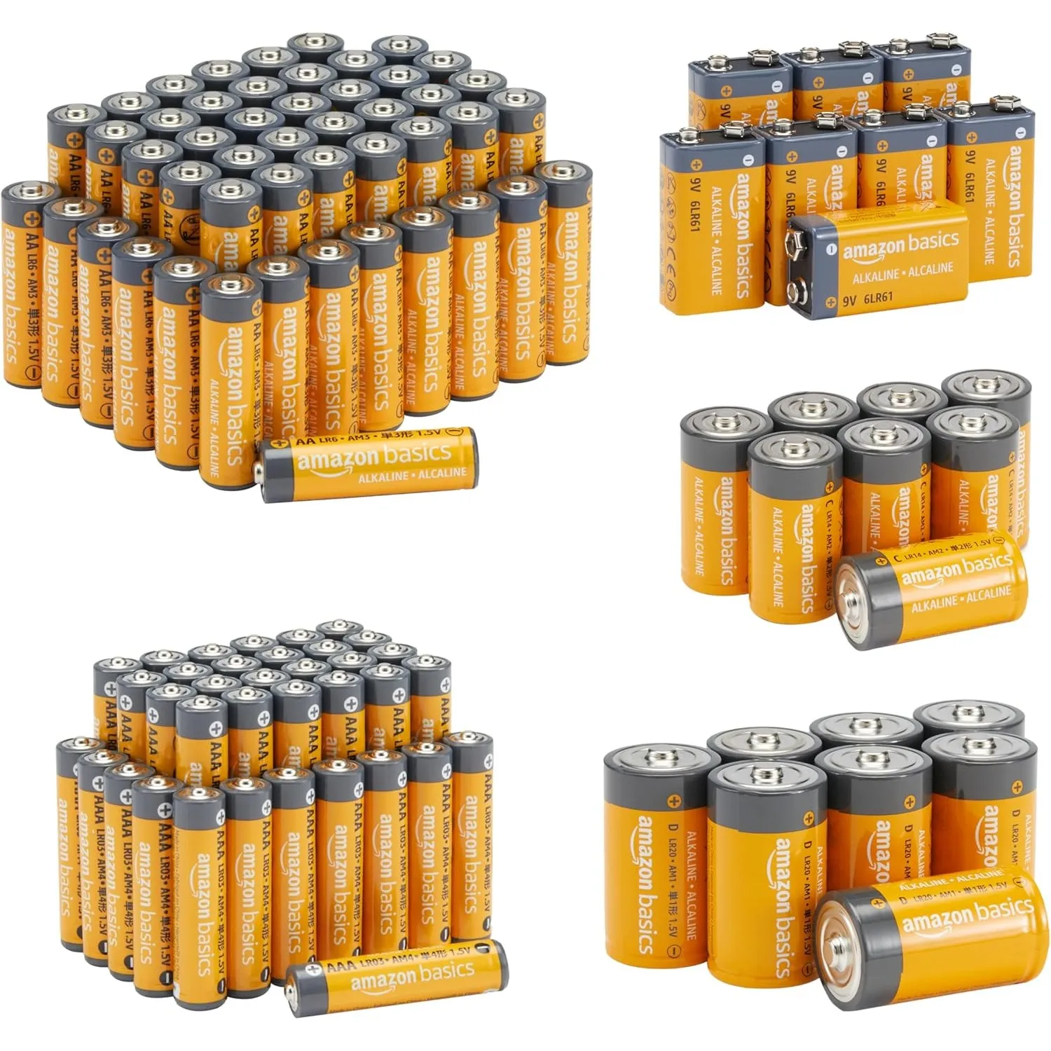 Amazon Basics Alkaline-Batterien, Super-Vorteilspack, 48 x AA + 36 x AAA + 8 x C + 8 x D + 8 x 9 Volt, 108 Stück