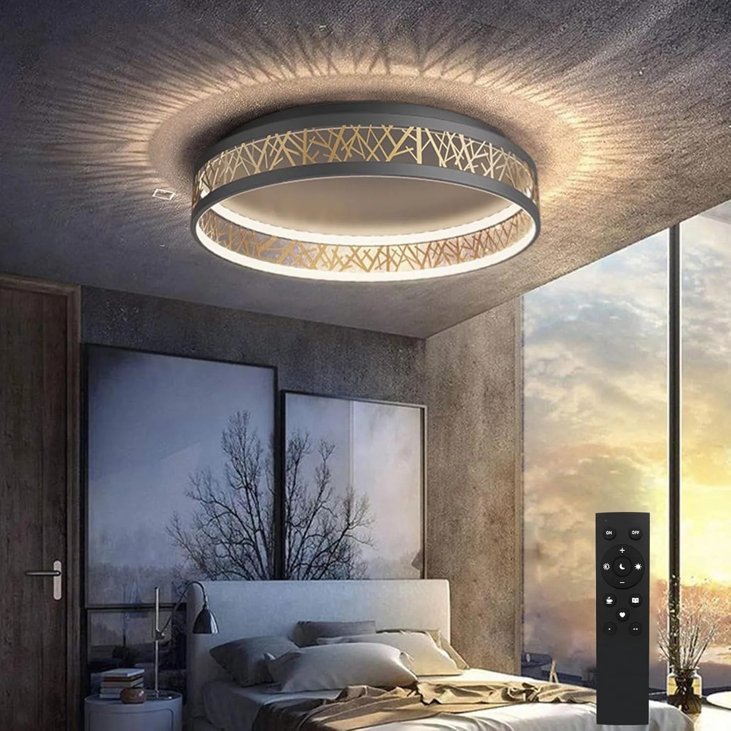 Yuanfenghua LED Deckenleuchte Mit Fernbedienung, Dimmbar Schlafzimmer Lampe, Rund Schwarz Gold Aushöhlen Design Wohnzim…