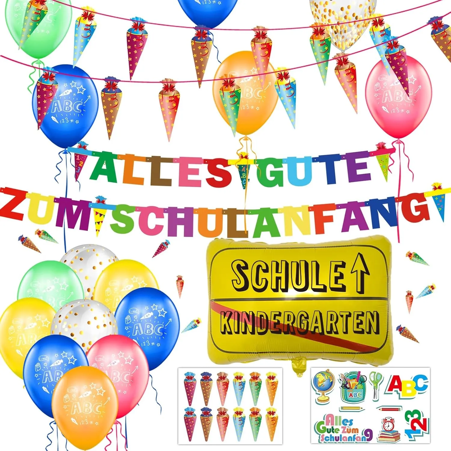 Einschulung Schuleinführung Schulanfang Deko Set, Girlande Alles Gute Zum Schulanfang + Zuckertüten Banner + 18 Luftbal…