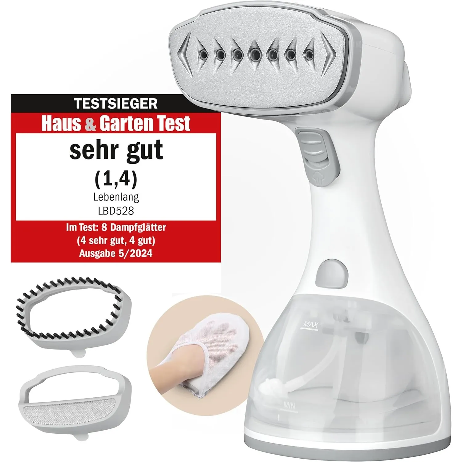 LEBENLANG Steamer Dampfglätter TESTSIEGER - 1500W & 300ml I Weiß | Inkl. Bügelhandschuh & Aufsätze I Pro Dampfsteamer f…