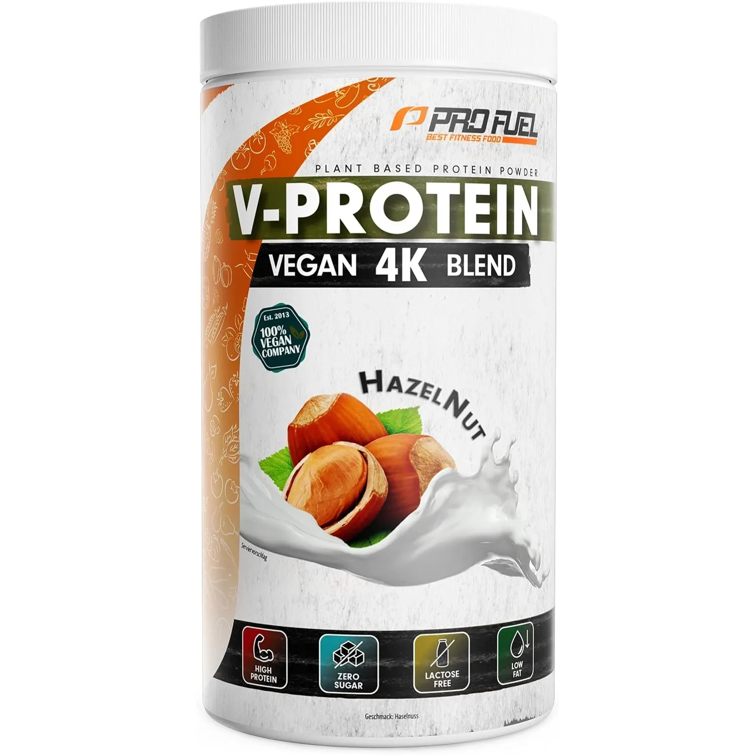 Vegan Proteinpulver HASELNUSS – V-PROTEIN 4K Blend | Unglaublich lecker & cremig | 750g | Aus Sonnenblumen, Soja, Hanfs…