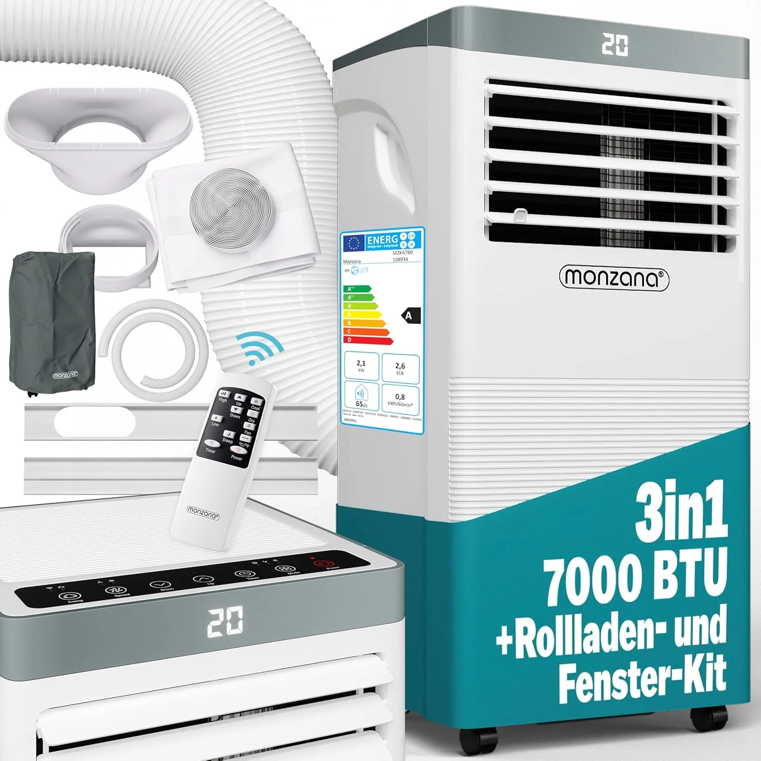 Monzana MZKA780 Mobile 4-in-1 Air Conditioner and Dehumidifier, Remote Control, with Exhaust Hose, 7000 BTU, Sleep Mode