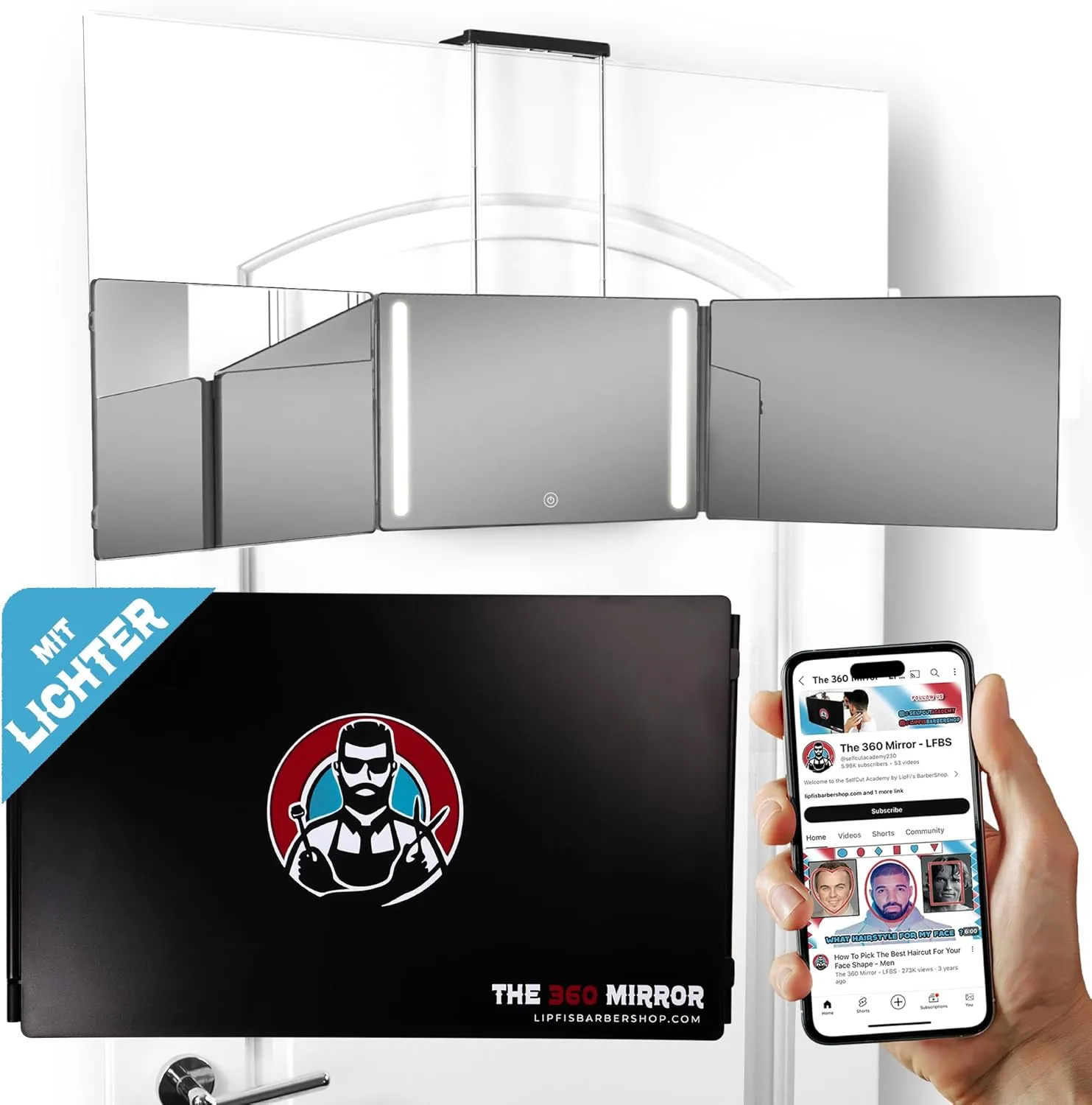 360 Degree LED Mirror - Travel Variant with Adjustable Telescopic Hooks, Perfect Self Haircut Mirror for Men - Triple M…
