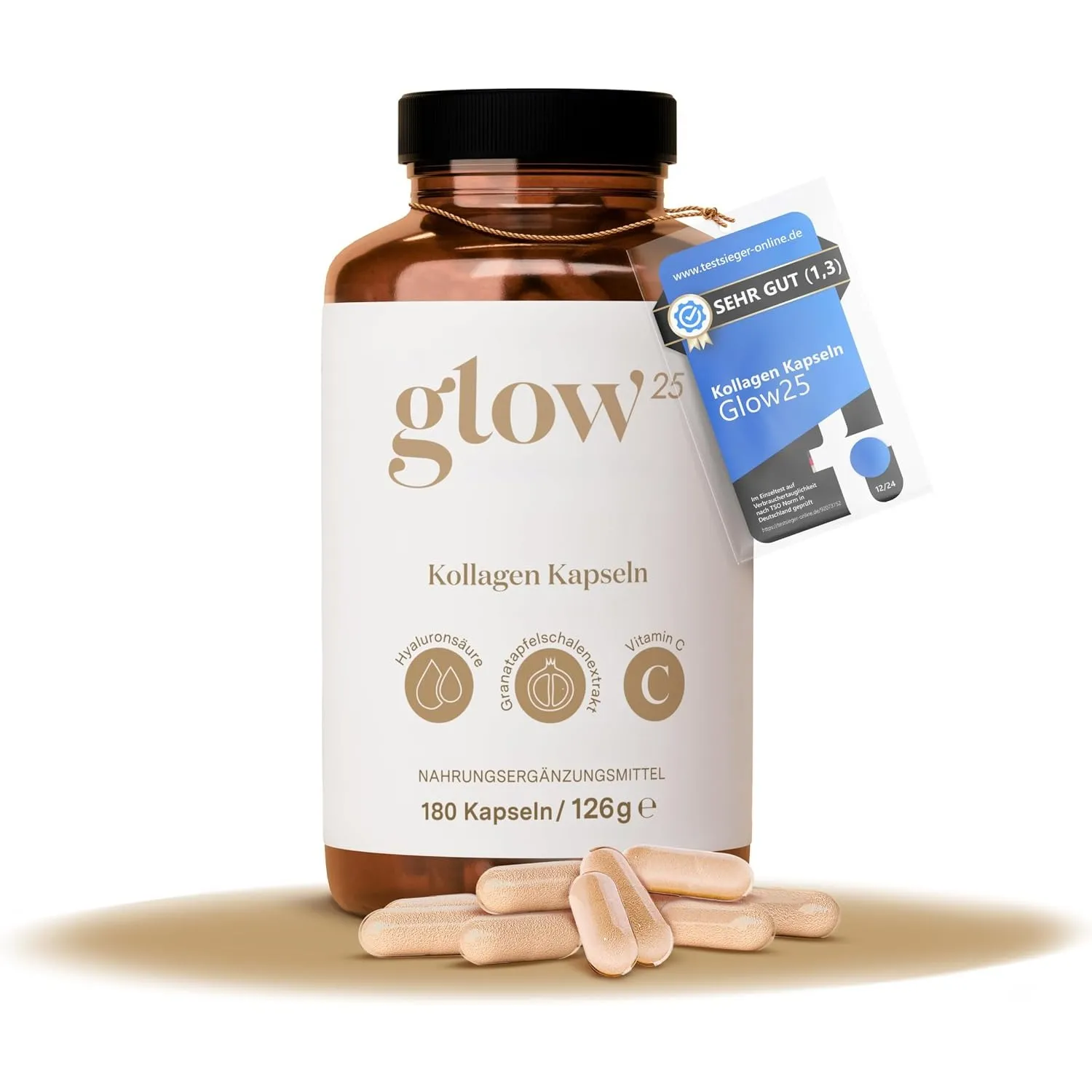 Glow25® Kollagen Kapseln hochdosiert [180 Kapseln] mit Hyaluronsäure und Vitamin C | Premium Collagen Complex | Laborge…
