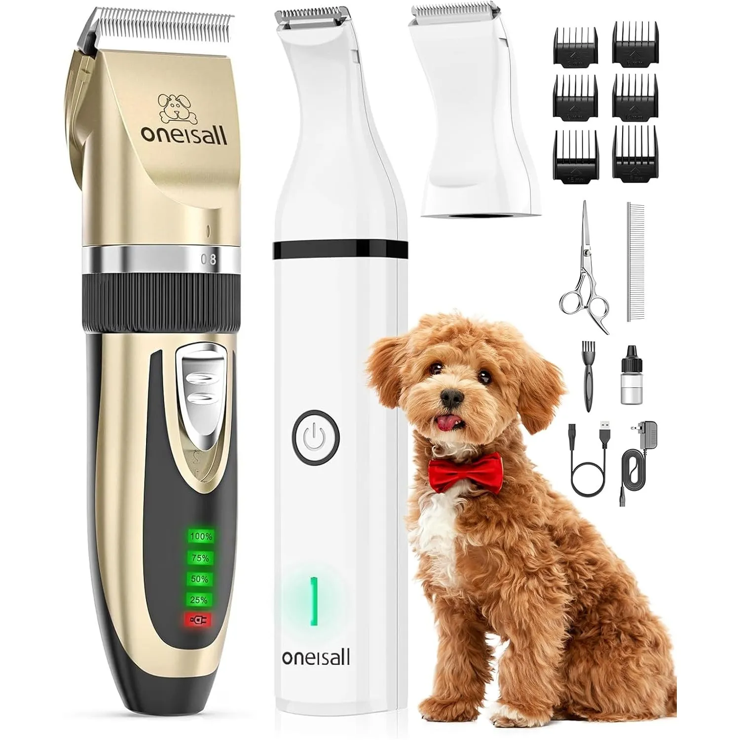 oneisall Hunde-Haarschneidemaschine und Hundepfoten-Trimmer, 3-in-1-Set, geräuscharm, schnurlos, für die Fellpflege von…