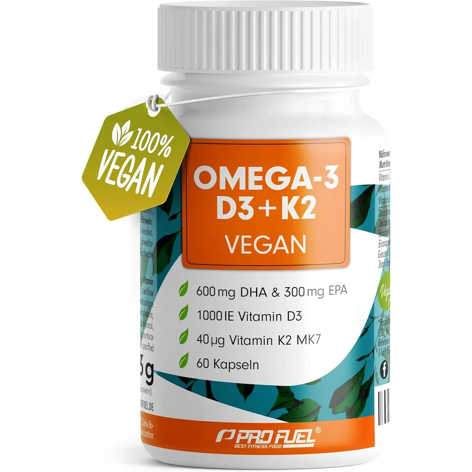 Omega-3 vegan + D3 & K2 (60x), 1100mg Algenöl mit 600mg DHA & 300mg EPA + 1000 IE Vitamin D3 + 40 µg Vitamin K2 - O3 D3…