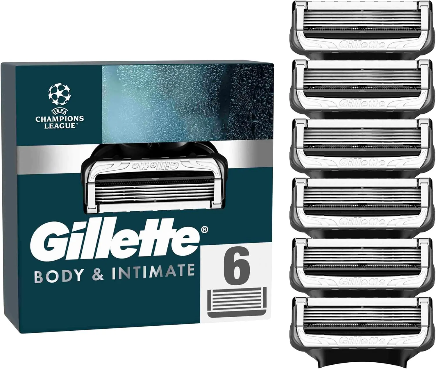 Gillette Intimate Rasierklingen für den Intimbereich, 6 Intimrasierer Ersatzklingen für Nassrasierer, mit Gleitstreifen für eine sanfte Anwendung, dermatologisch getestete Klingen für Rasierer