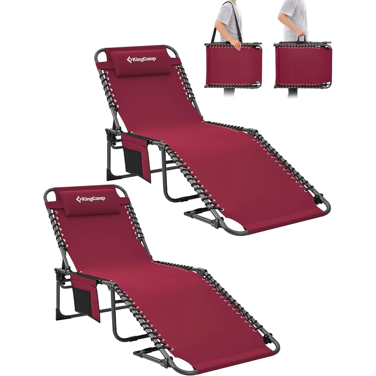 KingCamp Sonnenliege Klappbar 5-Verstellbare, bis 180 kg, 2er Set, Weinrot | Gartenliege Klappbar, mit Kopfstütze & Sei…