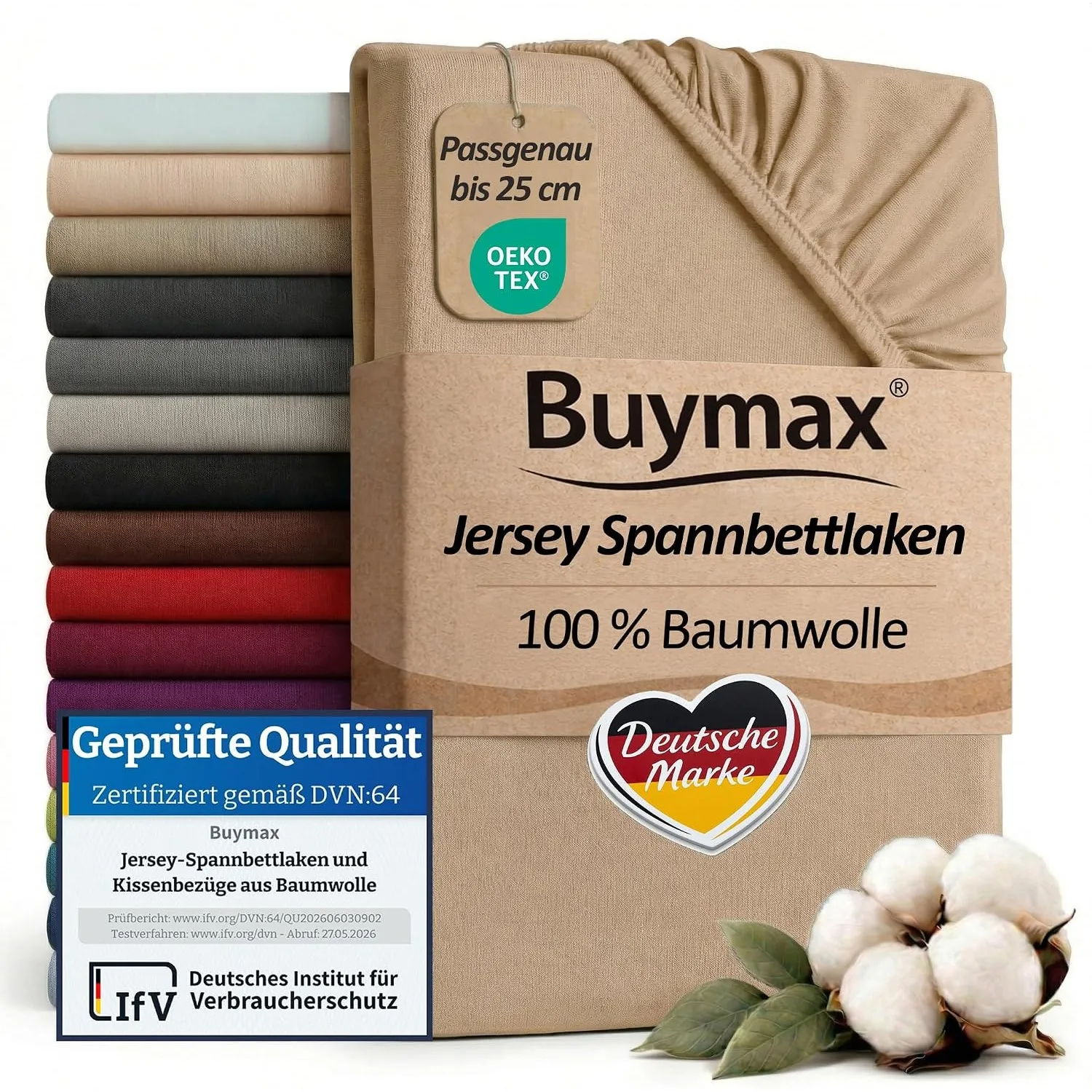 Buymax Spannbettlaken 140x200cm Baumwolle 100% Spannbetttuch Bettlaken Jersey, Matratzenhöhe bis 25 cm, Farbe Sand
