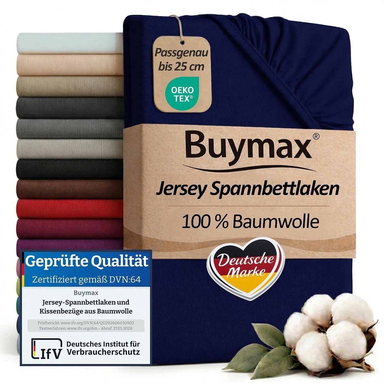 Buymax Spannbettlaken 140x200cm Baumwolle 100% Spannbetttuch Bettlaken Jersey, Matratzenhöhe bis 25 cm, Farbe Marineblau