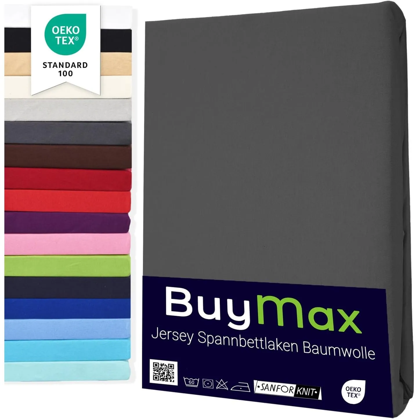 Buymax Spannbettlaken 180x200cm Baumwolle 100% Spannbetttuch Bettlaken Jersey, Matratzenhöhe bis 25 cm, Farbe Anthrazit