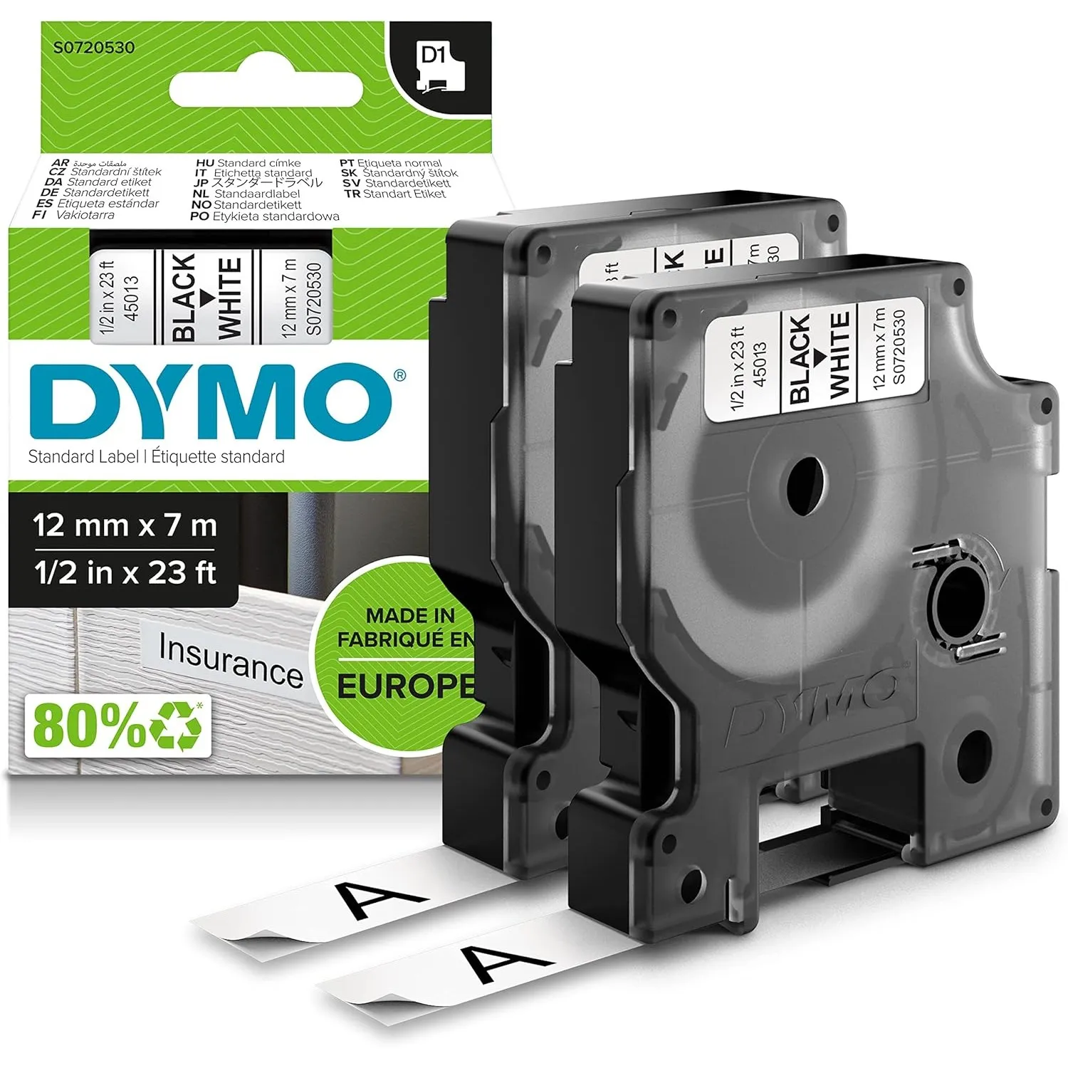 DYMO Original D1-Etikettenband | schwarz auf weiß | 12 mm x 7 m | selbstklebendes Schriftband| für LabelManager-Beschri…