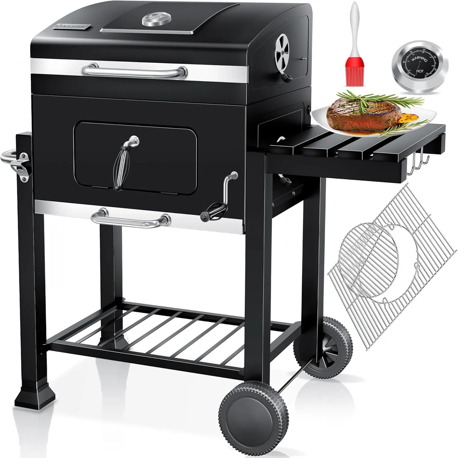 KESSER® Grill Grillwagen BBQ Smoker XL Holzkohlegrill mit Deckel, Rädern, Edelstahl-Griff, Grillrost, Thermometer, & Si…
