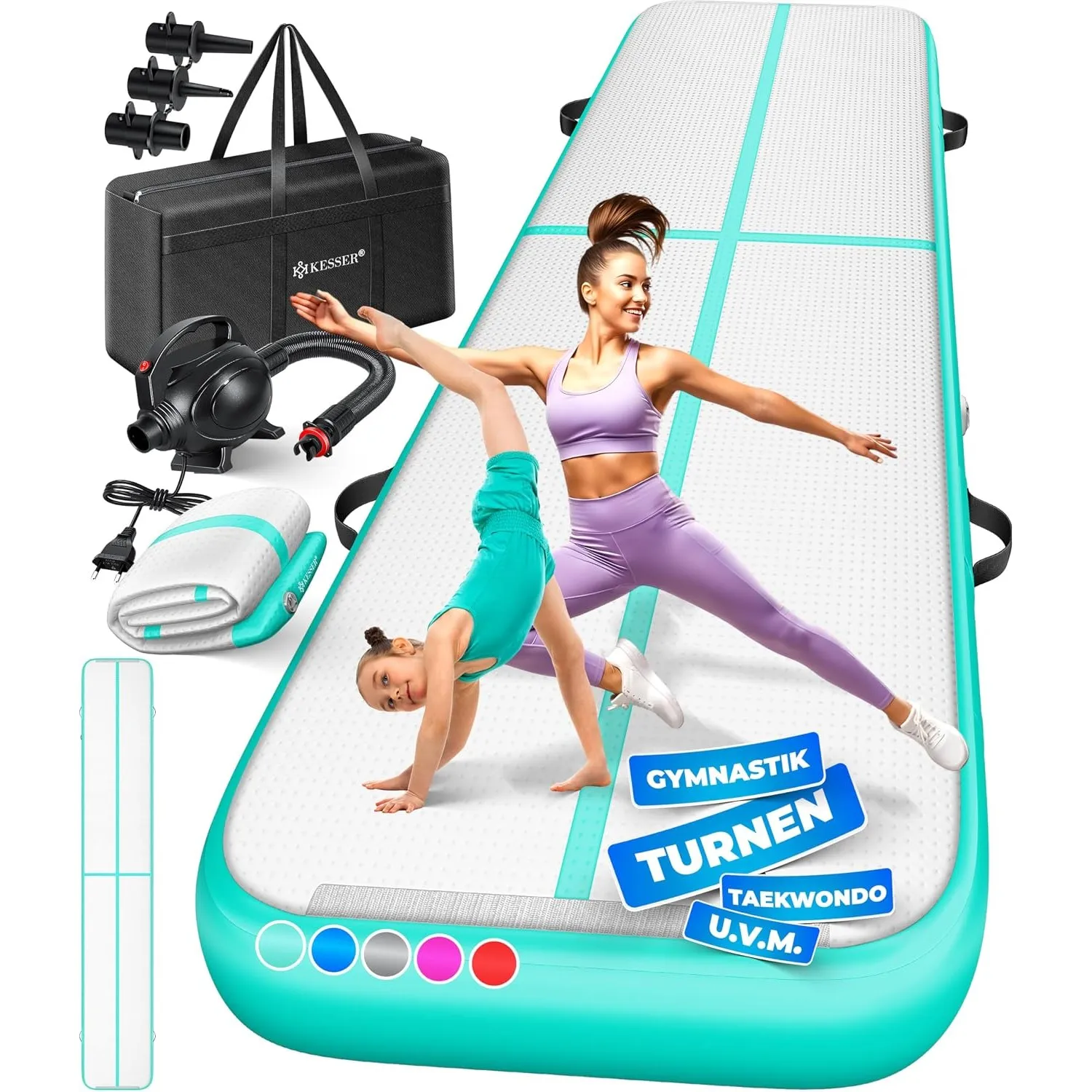 KESSER® Turnmatte Aufblasbar Airtrack 2m/3m/4m/5m/6m Fitness-Matte Gymnastikmatte | inkl. Tragetasche & elektr. Luftpum…