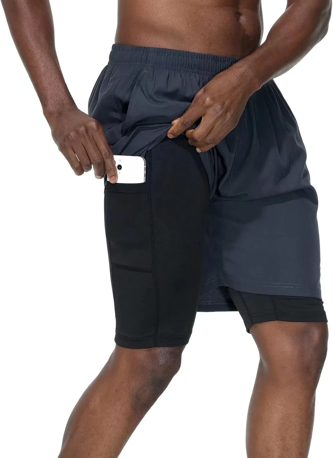 HMIYA Herren 2 in 1 Shorts Fitness Sporthose Kurz Jogginghose Schnelltrocknende Laufhose mit Kompressionsshorts und Tas…
