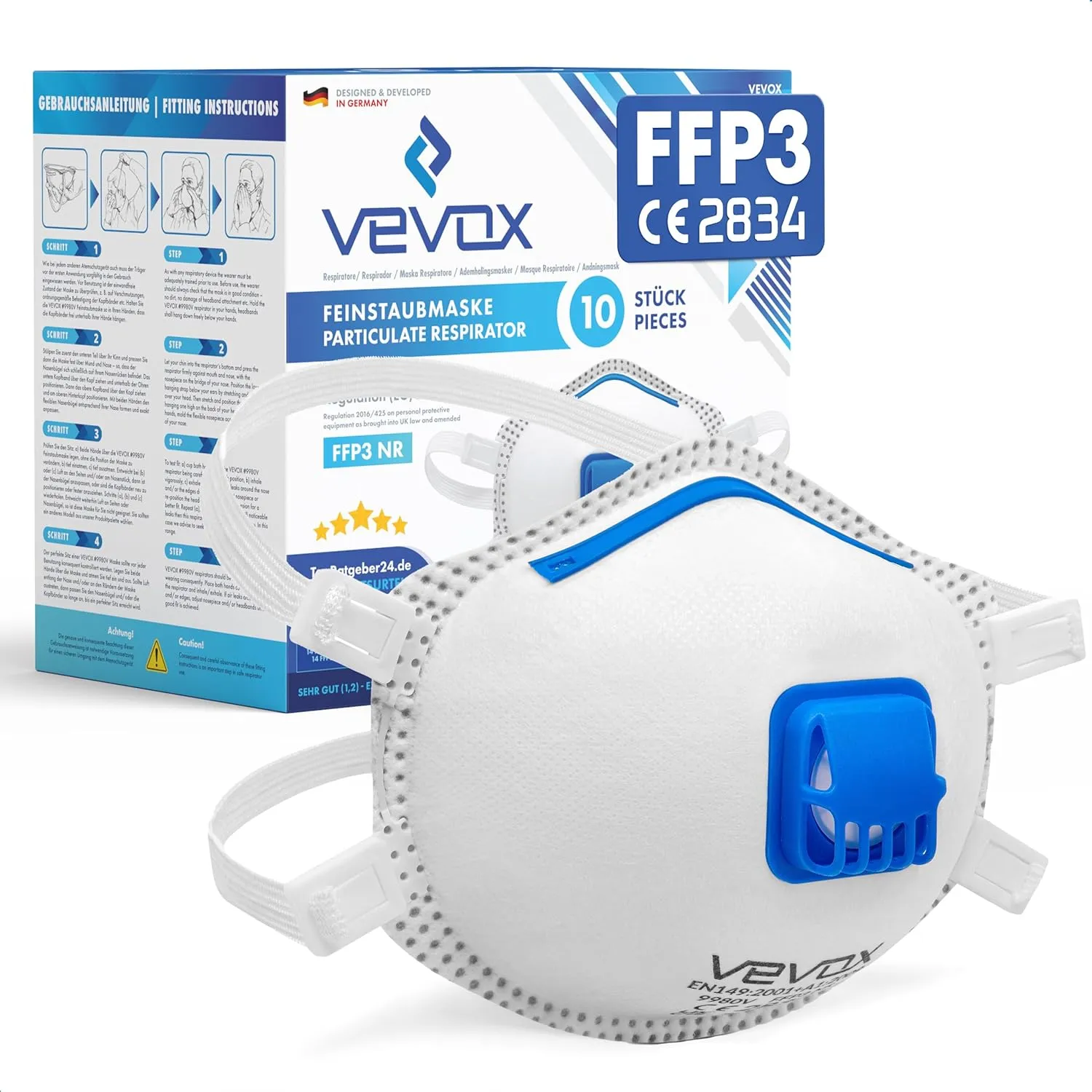 VEVOX® FFP3 Maske mit Ventil – 5er, 10er oder 20er Set – Staubmaske – Atemschutzmaske – Staubschutzmaske – Feinstaubmas…