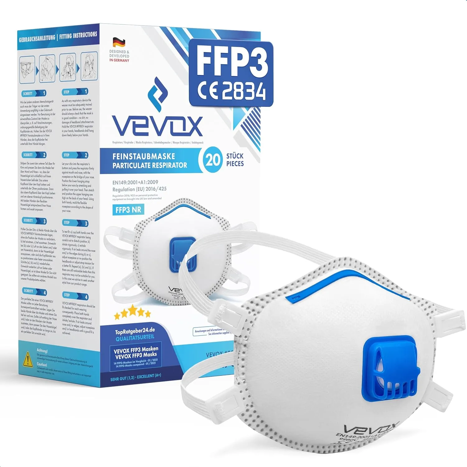 VEVOX® FFP3 Maske mit Ventil – 5er, 10er oder 20er Set – Staubmaske – Atemschutzmaske – Staubschutzmaske – Feinstaubmas…