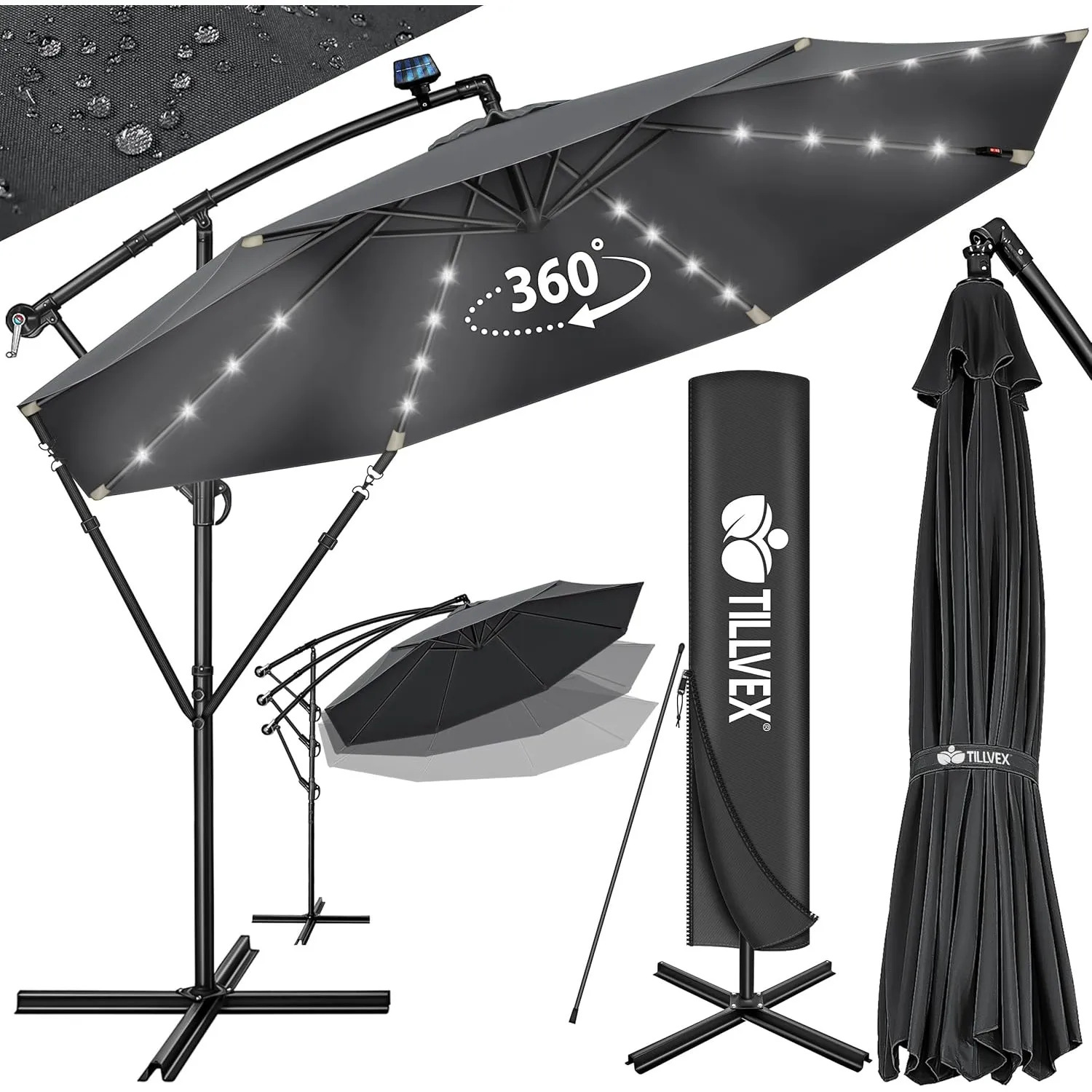 tillvex® Sonnenschirm Solar Ø 300/350 cm + Abdeckung & LED Beleuchtung | Ampelschirm mit Kurbel & Ständer | Gartenschir…