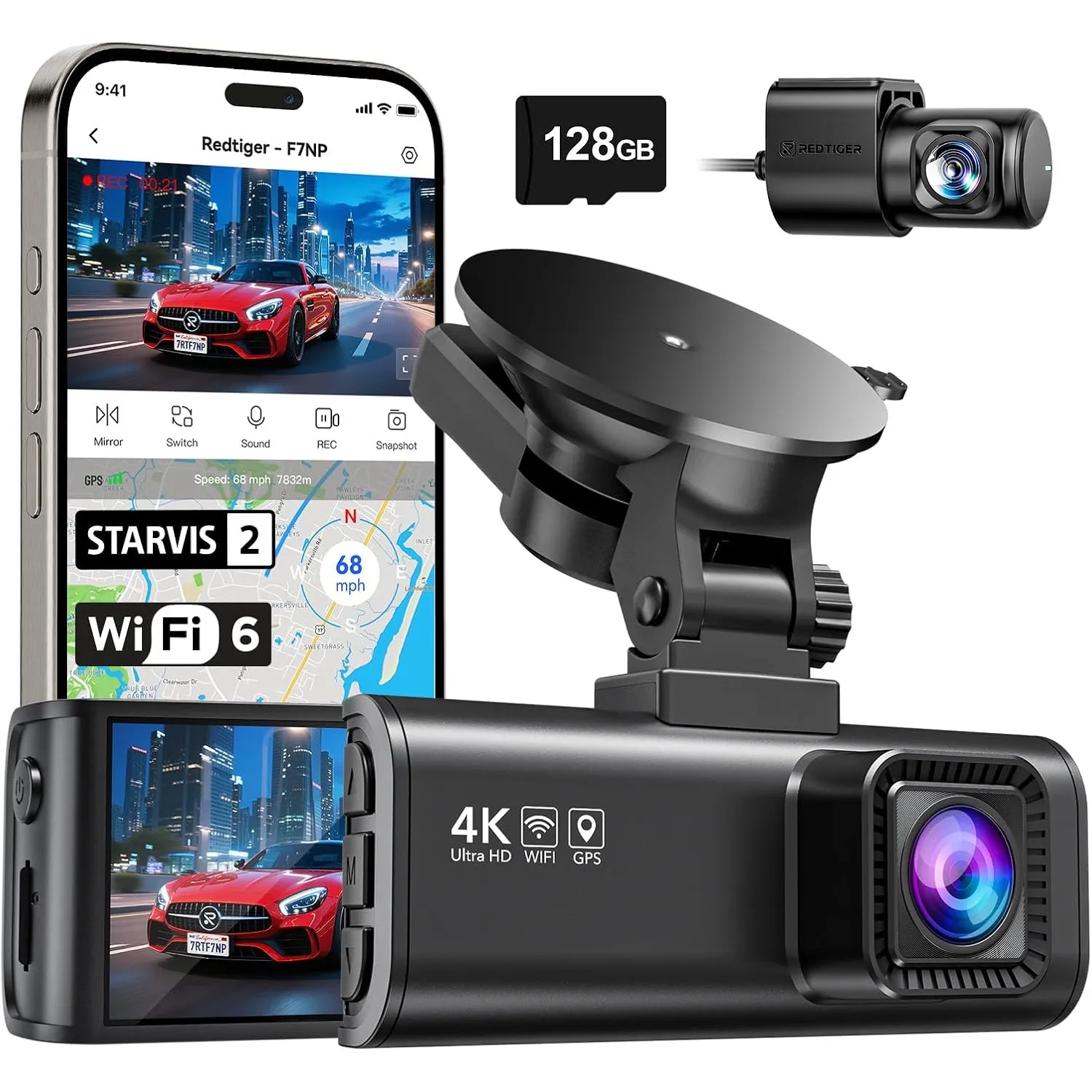 REDTIGER Dashcam Auto Vorne Hinten 4K/2,5K mit STARVIS 2, 5.8GHz WiFi20MB/s