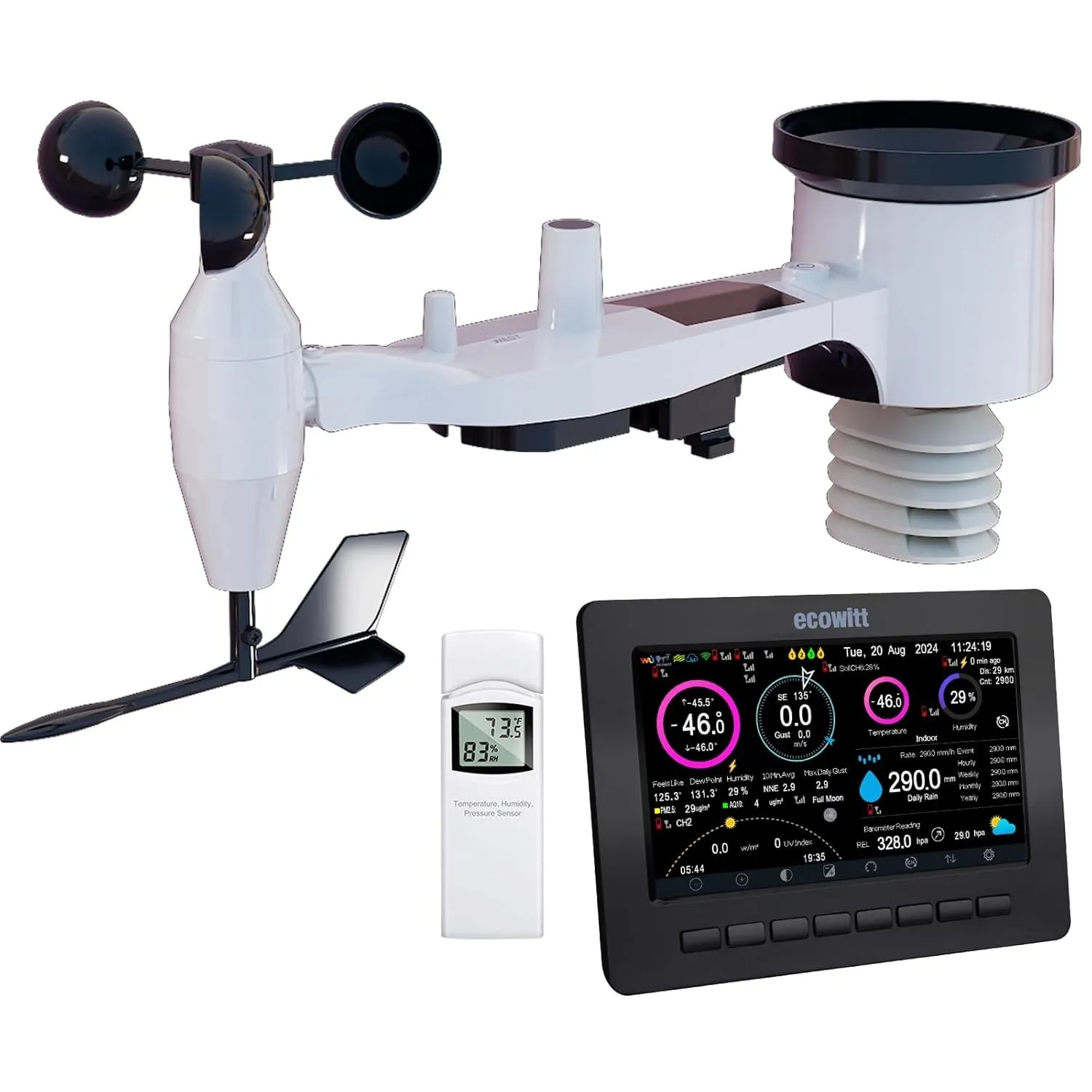 ECOWITT Wetterstation HP2551, 7 Zoll große WiFi TFT Farbdisplay Konsole mit den 3-in-1 Innensensoren, 7 in 1 Solarbetri…