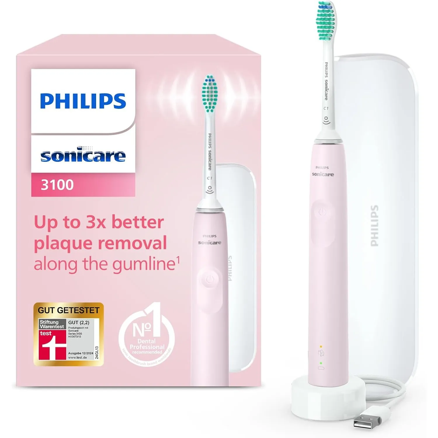 Philips Sonicare 3100 elektrische Zahnbürste, Schallzahnbürste, Andruckkontrolle und Timer, Reiseetui, Sugar Rose, Mode…