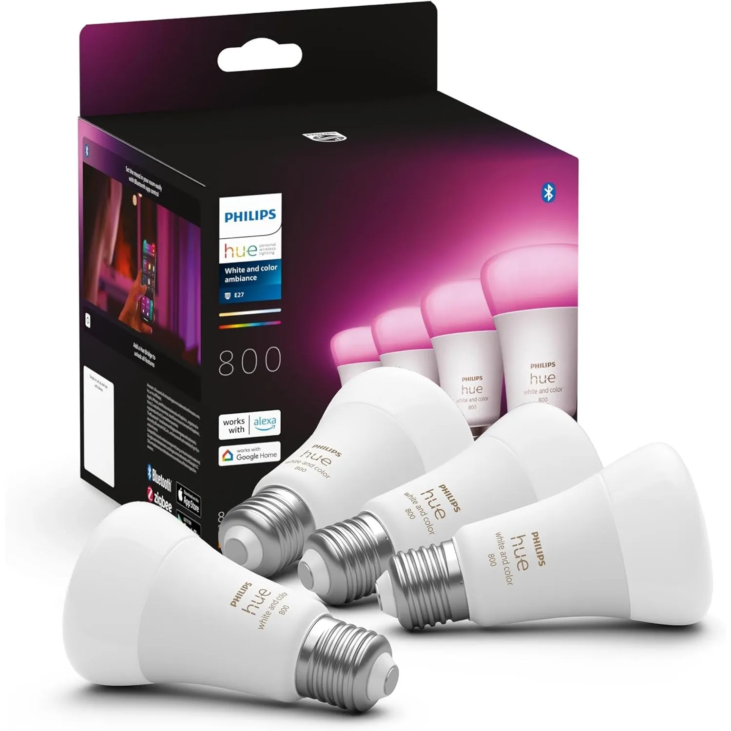 Philips Hue E27 LED Lampe, smarte Lichtsteuerung, 4er Pack