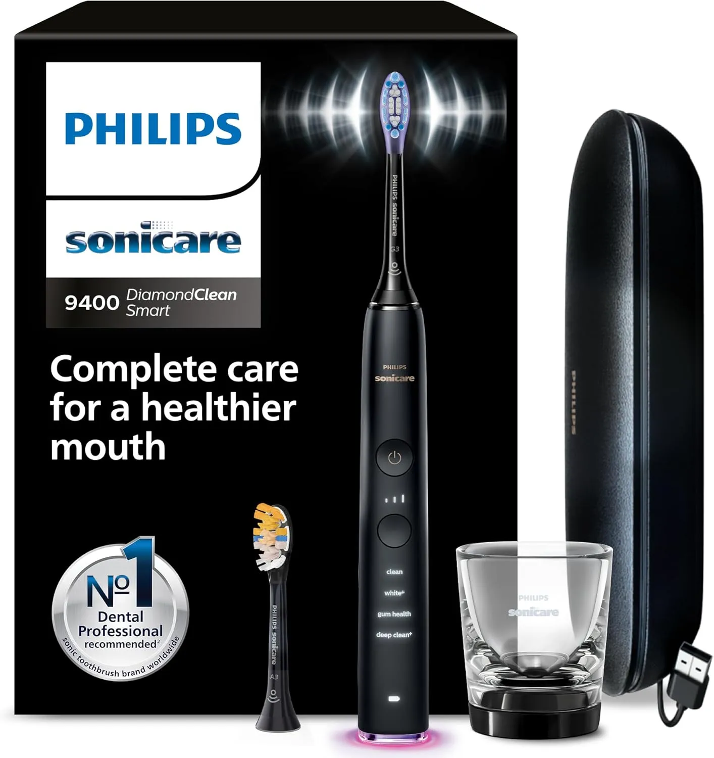 Philips Sonicare DiamondClean Smart 9400 elektrische Zahnbürste, Schallzahnbürste mit App, Drucksensor, Bürstenkopferkennung, 4 Putzmodi und 3 Intensitätsstufen, Schwarz, Modell HX9917/89