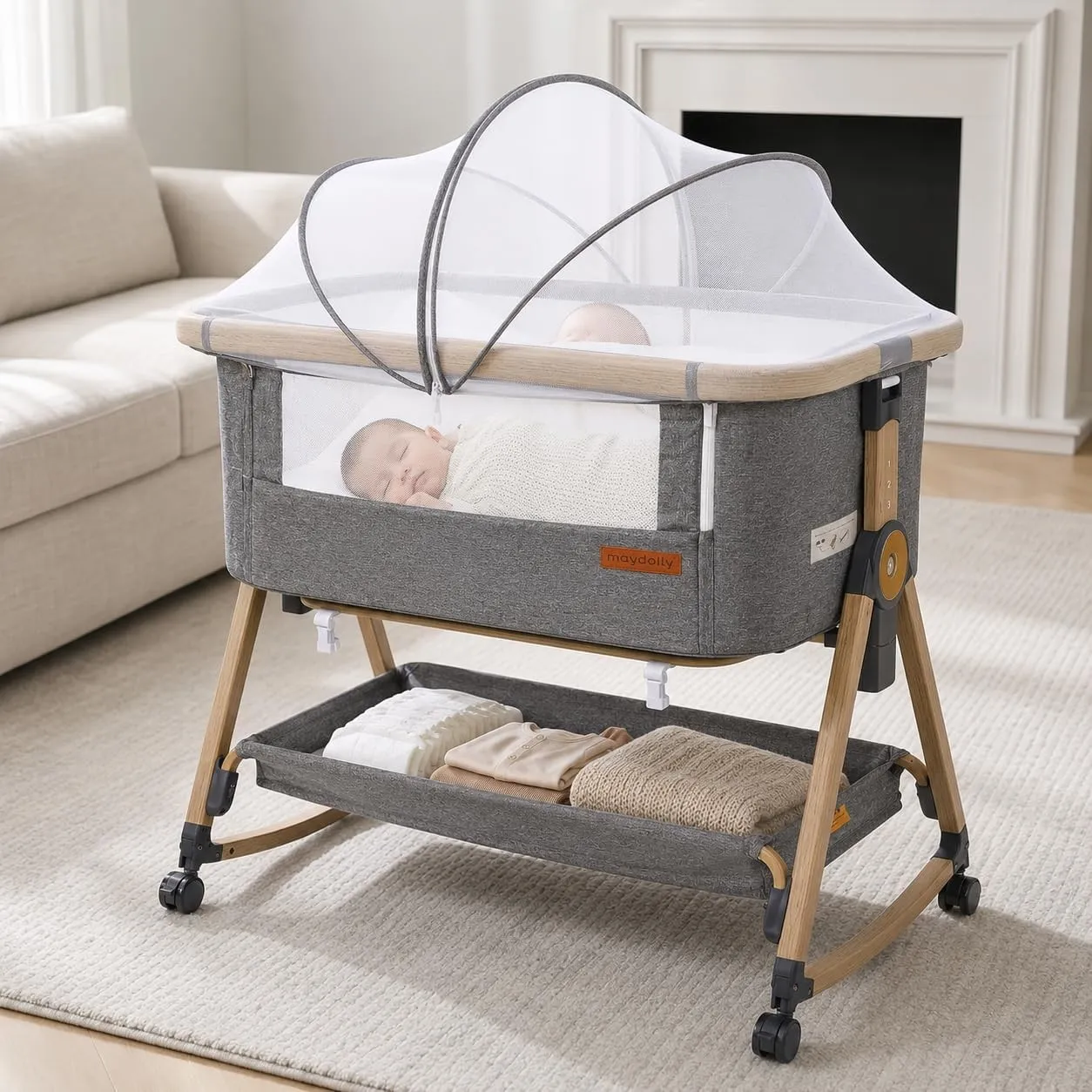 Maydolly 3-in-1 Baby Beistellbett – Vielseitiges Beistellbett, Reisebett & Stubenwagen inklusive Matratze & Moskitonetz…