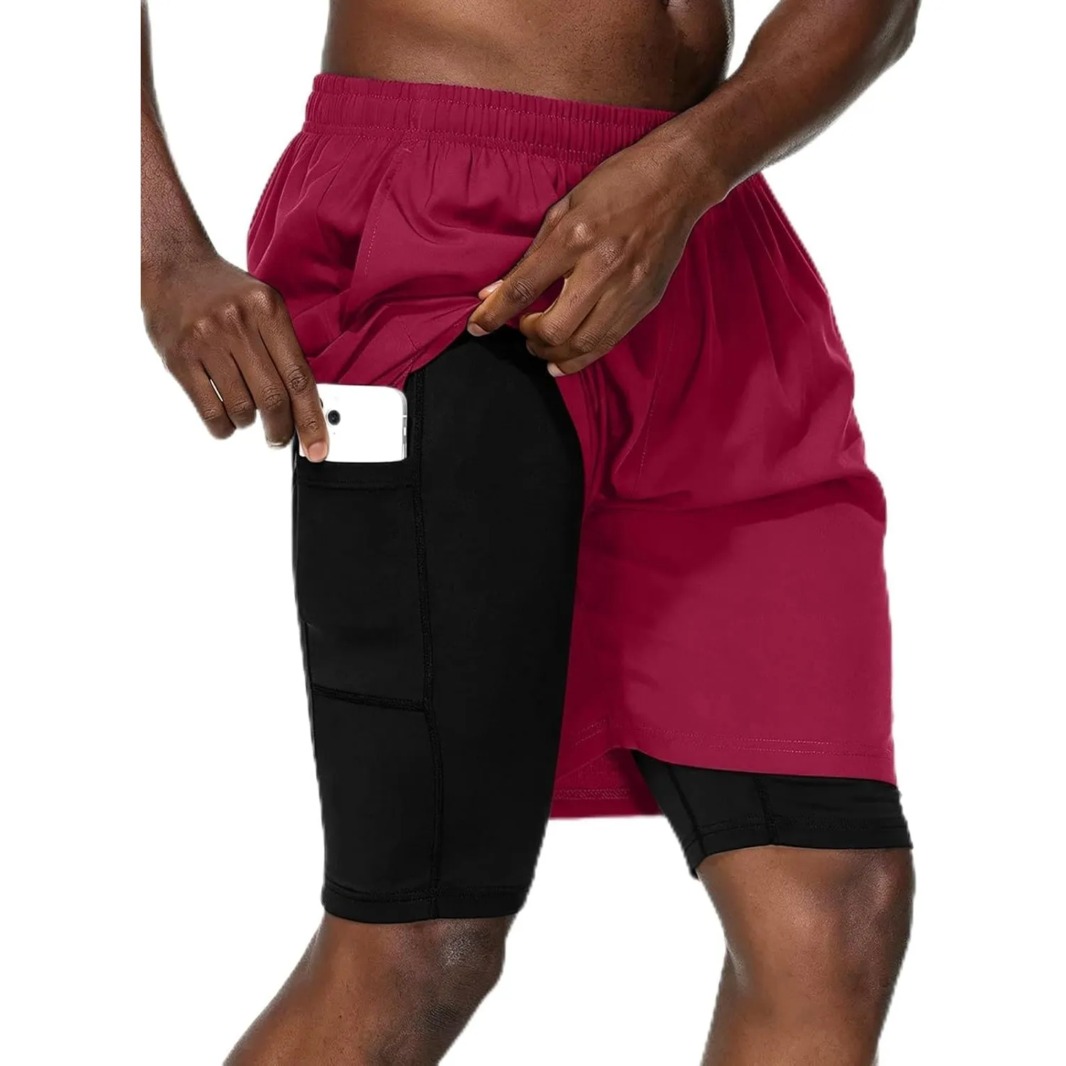 HMIYA Herren 2 in 1 Shorts Fitness Sporthose Kurz Jogginghose Schnelltrocknende Laufhose mit Kompressionsshorts und Tas…